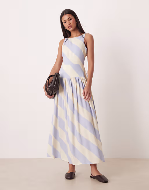 racer neck maxi sundress with cut out back in blue and white stripes