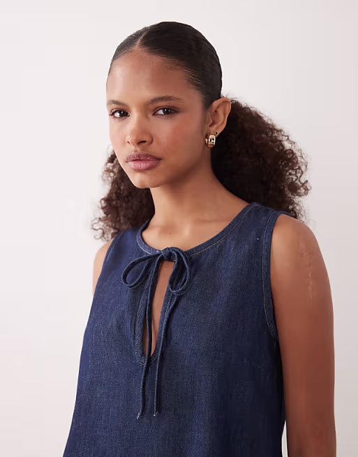 denim keyhole mini shift dress with bow detail in dark mid blue