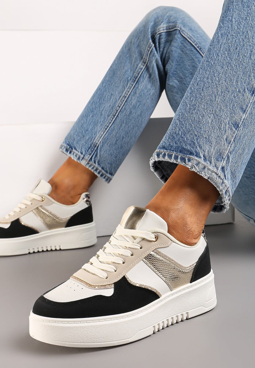 Beżowo-Czarne Sneakersy na Platformie z Brokatowymi Akcentami Sellona