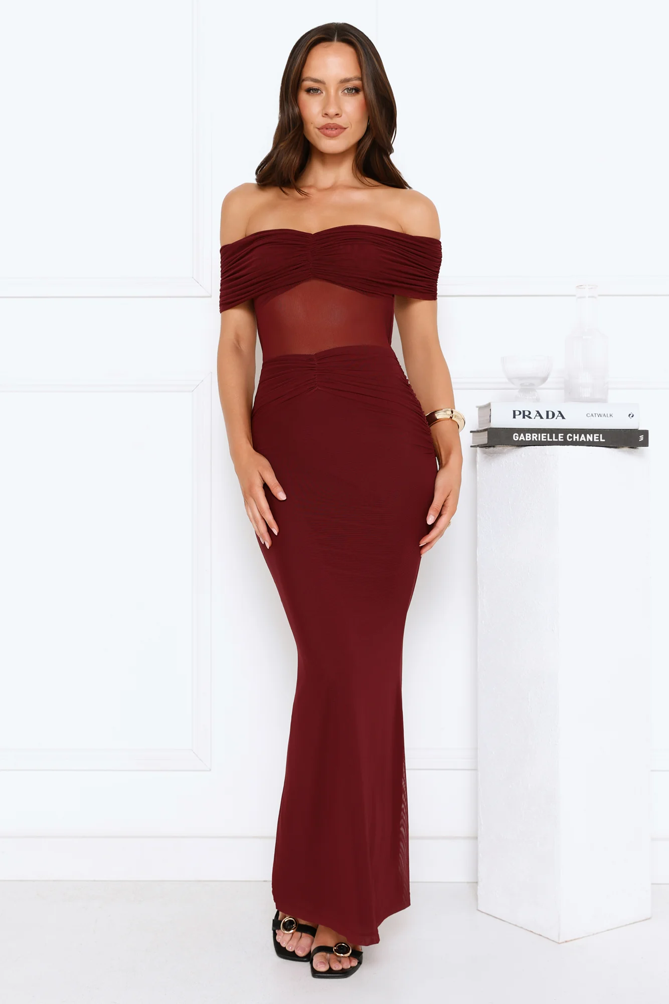 Swan Song Off Shoulder Mesh Maxi Dress Burgundy