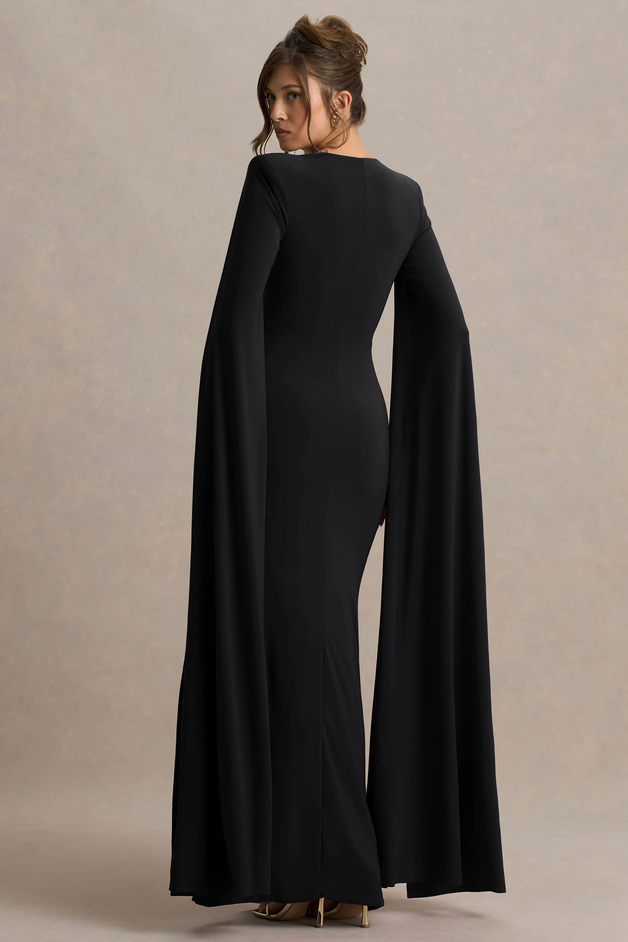 Claretta | Black Square Neck Twisted Maxi Dress With Cape Sleeves