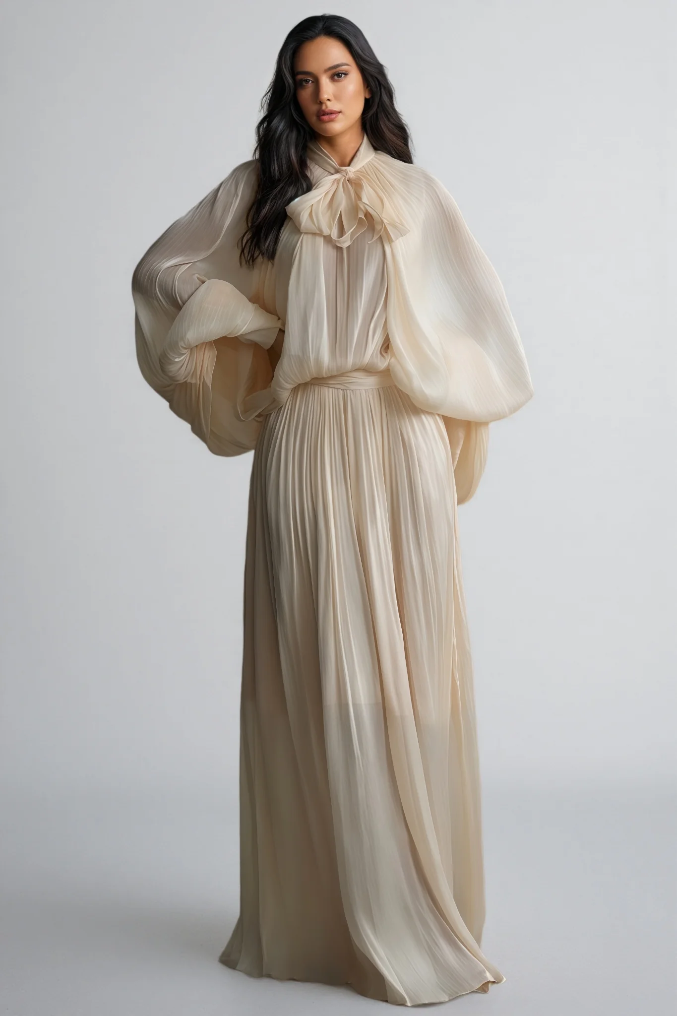 Elizabeth Tie Neck Puff Sleeve Maxi Dress