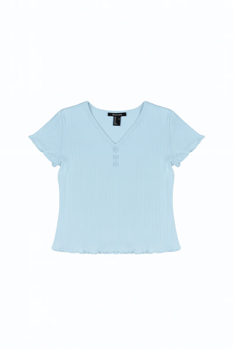 Ribbed Lettuce-Edge Henley Tee