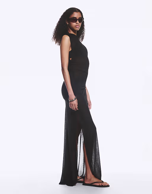 Weekday sheer slash neck maxi dress with ruched side detail in black