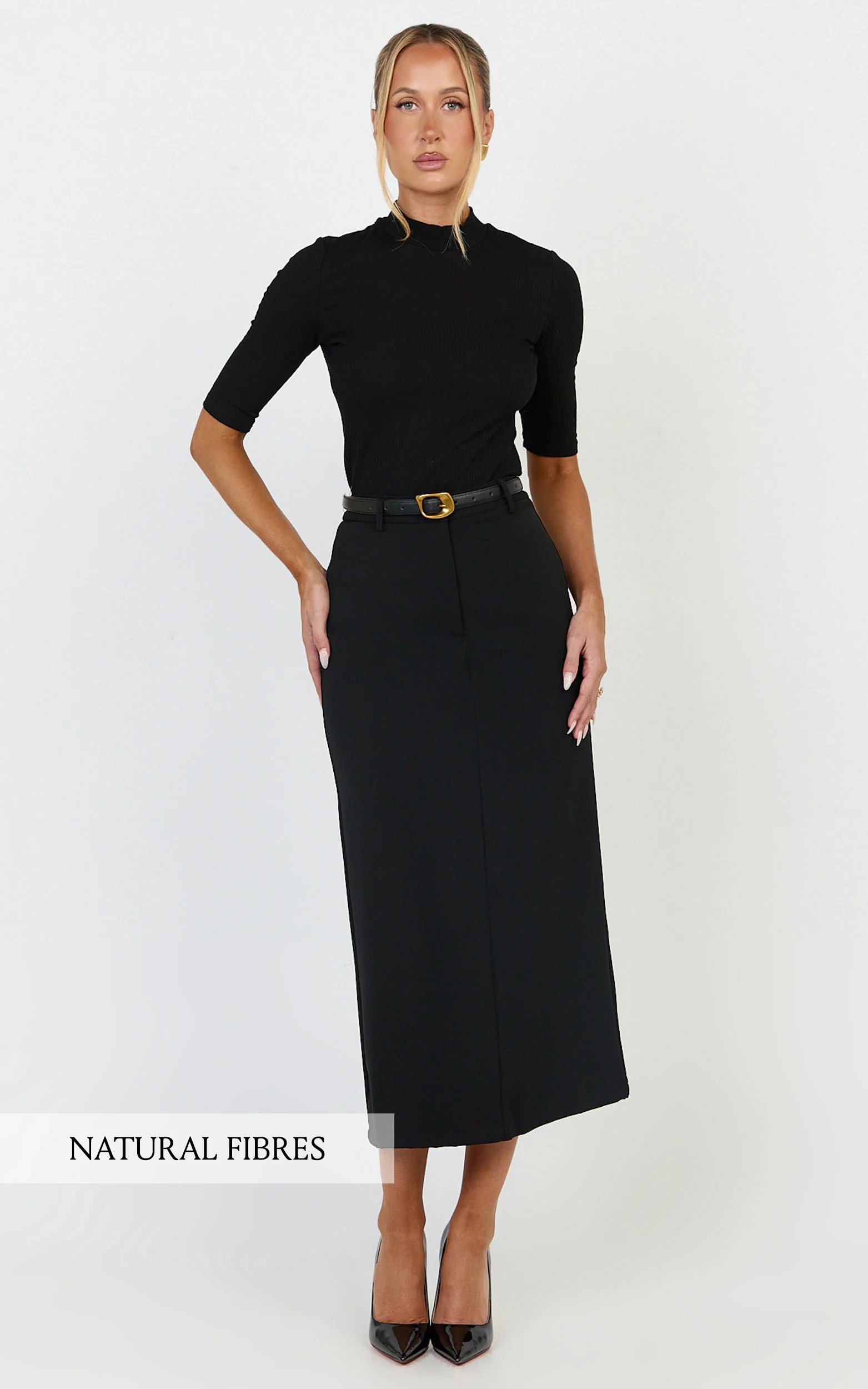 Tilda Top - High Neck Short Sleeve Fitted Top in Black