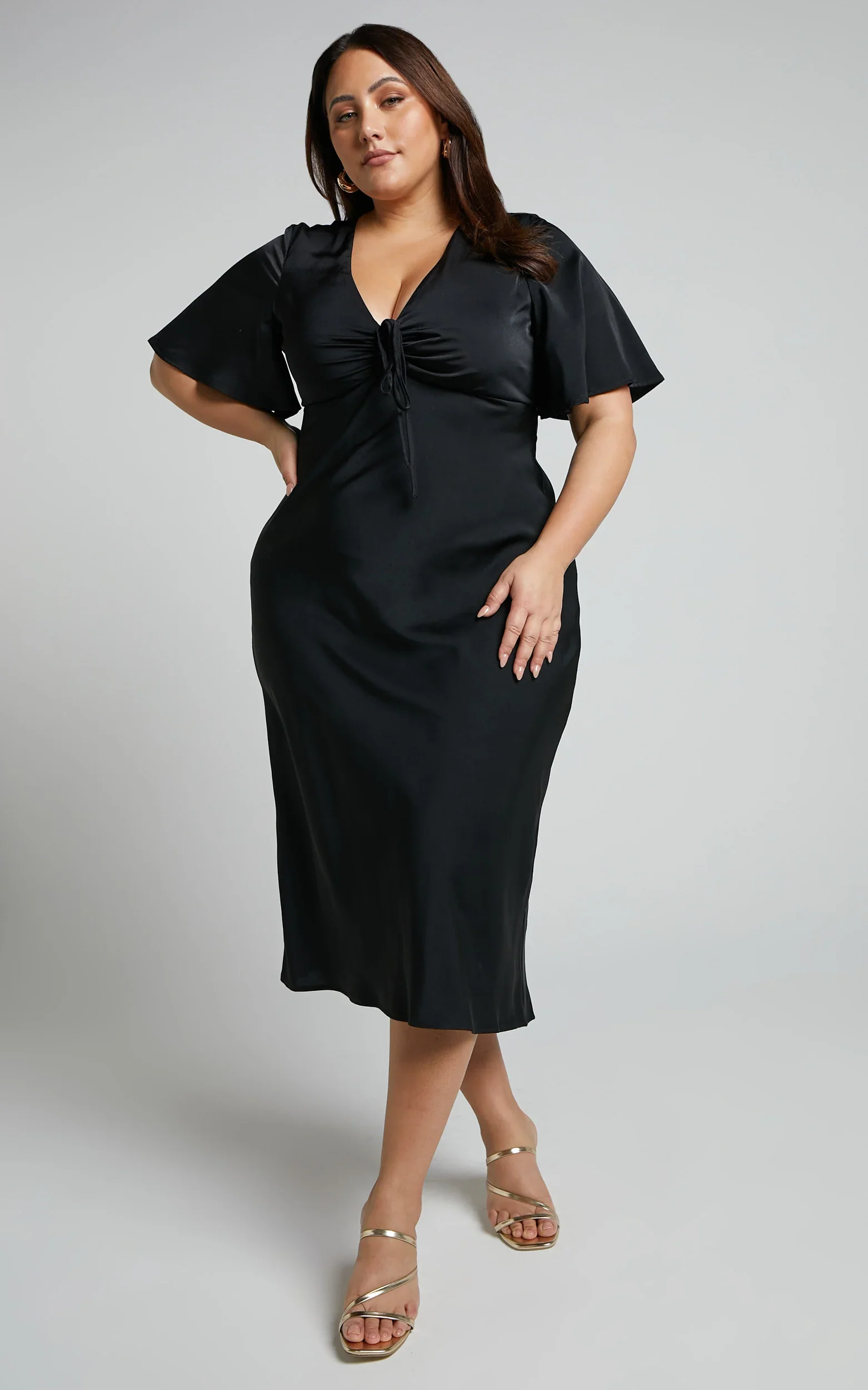 Nicholla Midi Dress - Ruched Front Angel Sleeve Slip Dress in Black