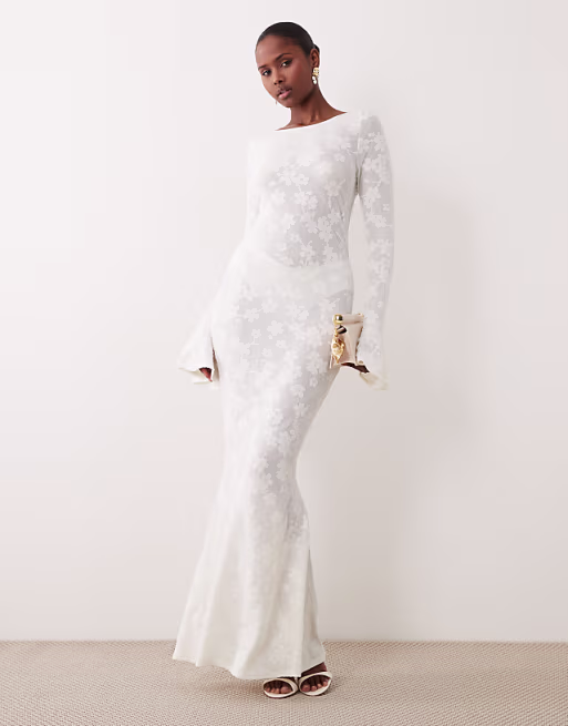 Noughts & Kisses devore floral bell sleeve lace up fishtail maxi dress in white
