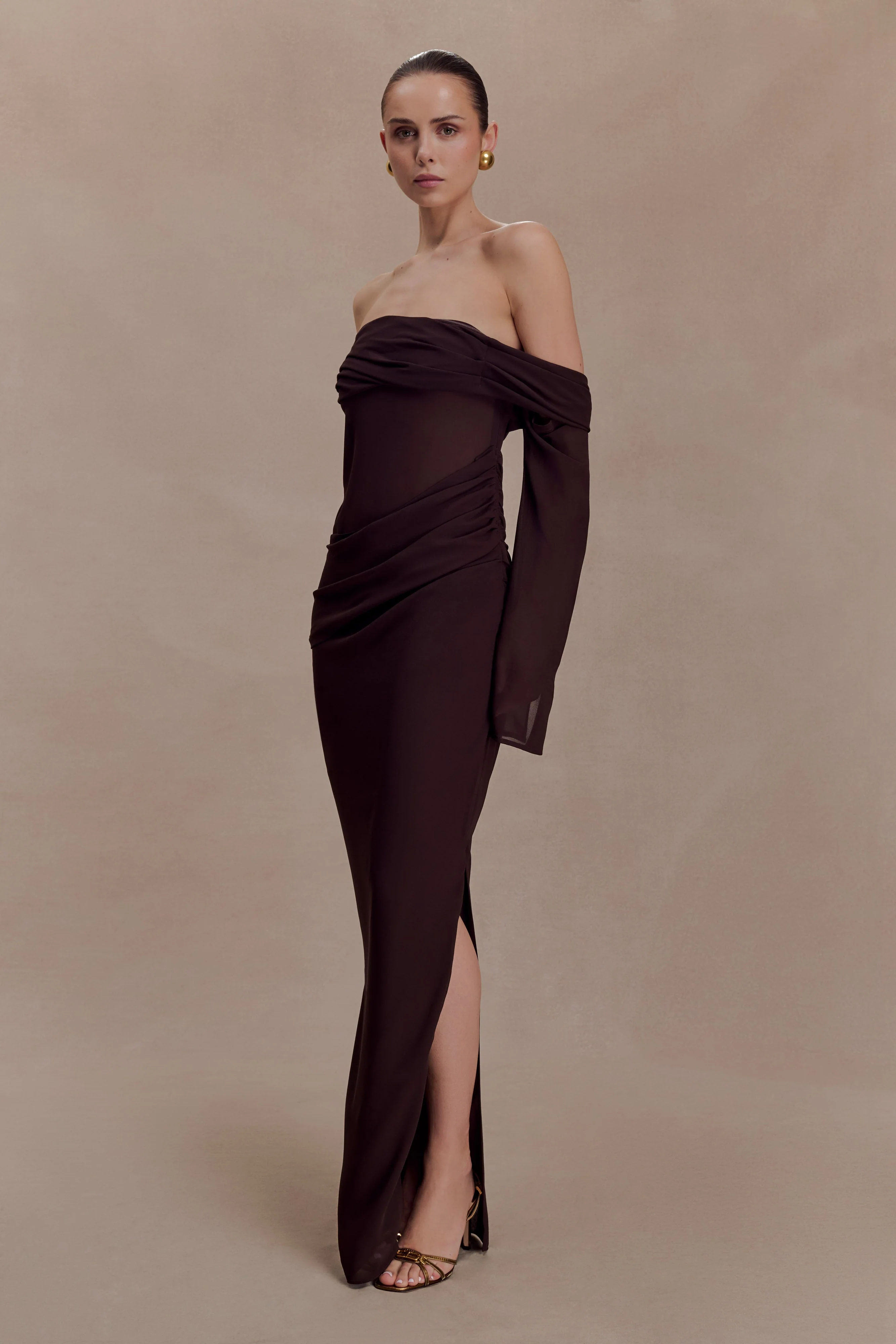Kirsten-Off-Shoulder-Chiffon-Maxi-Dress-Cacao-Brown