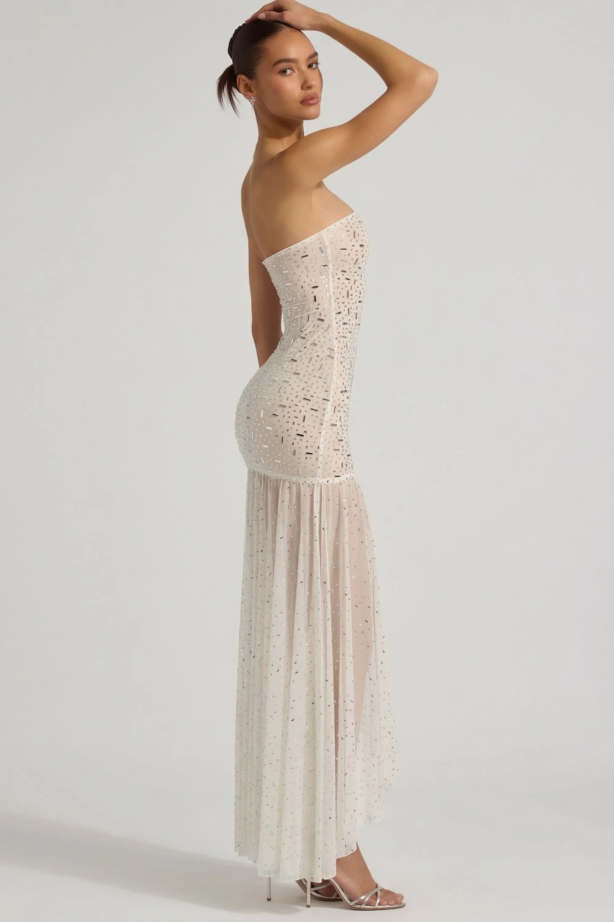 Semi-Sheer Embellished Asymmetric Maxi Dress in White