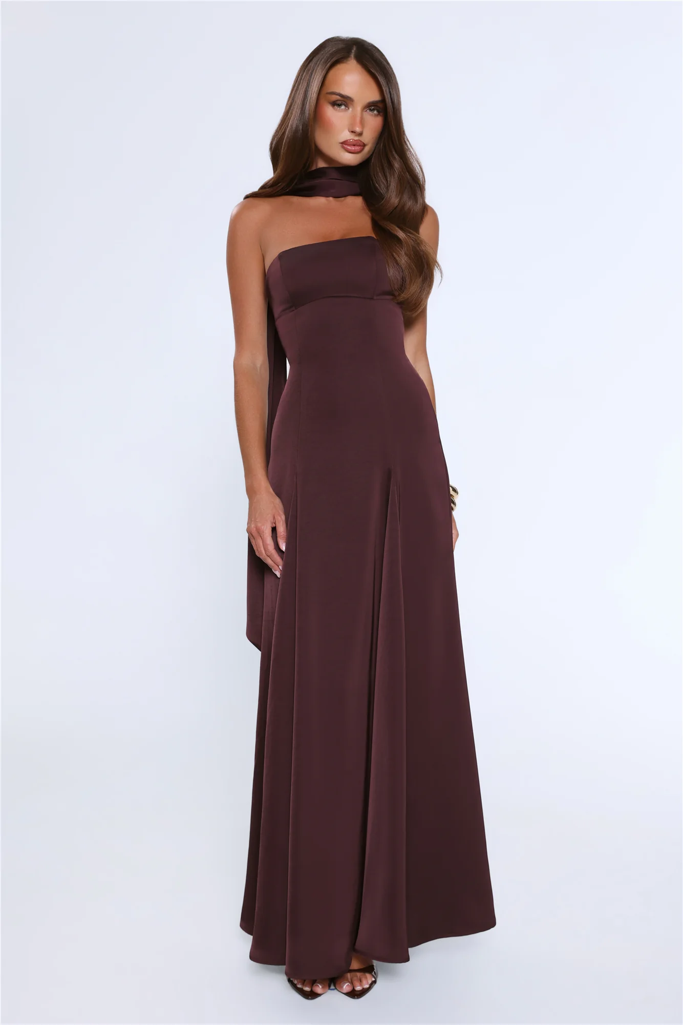 Satin Tempt Strapless Maxi Dress Chocolate