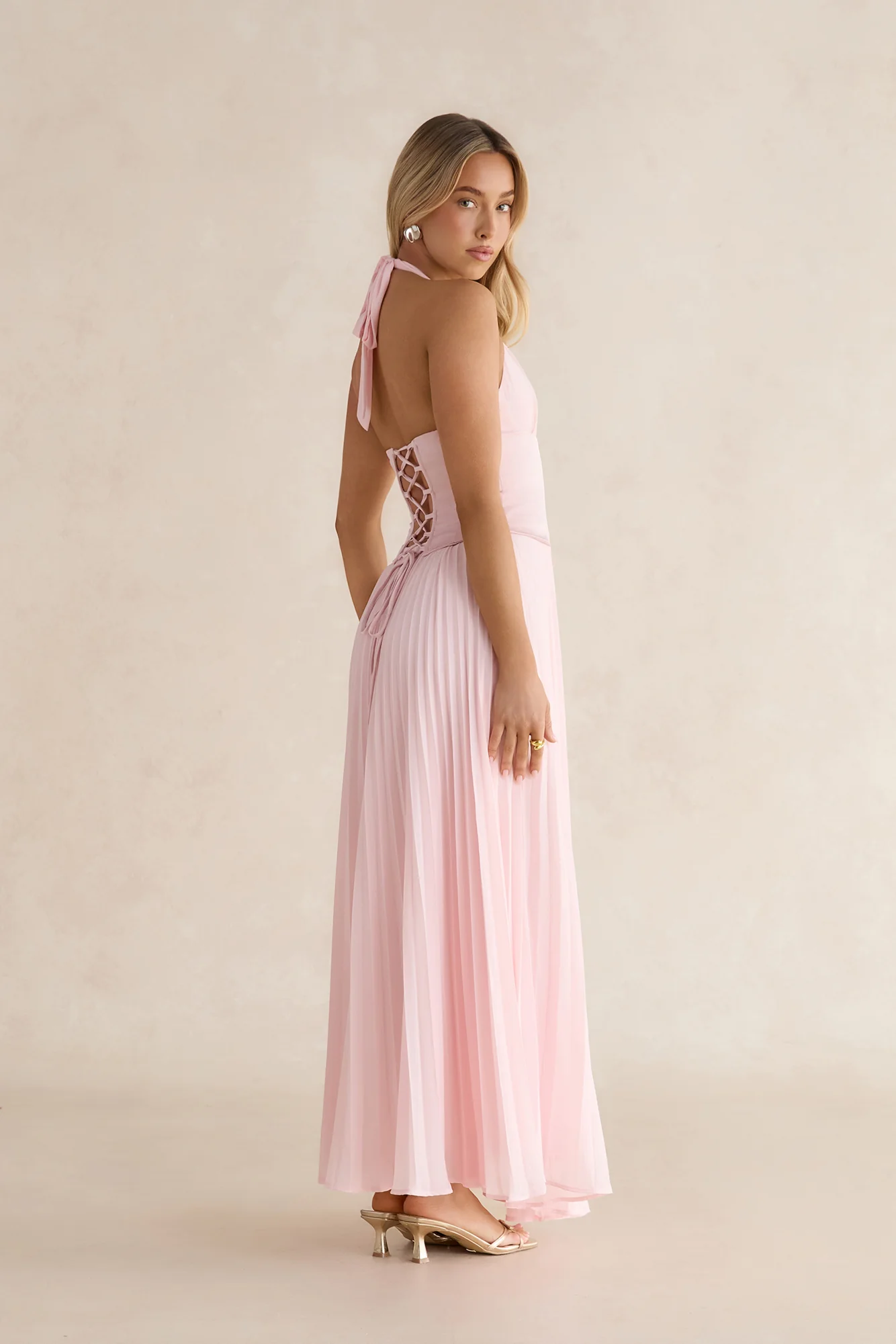 Paradise Falls Plisse Halter Maxi Dress Light Pink