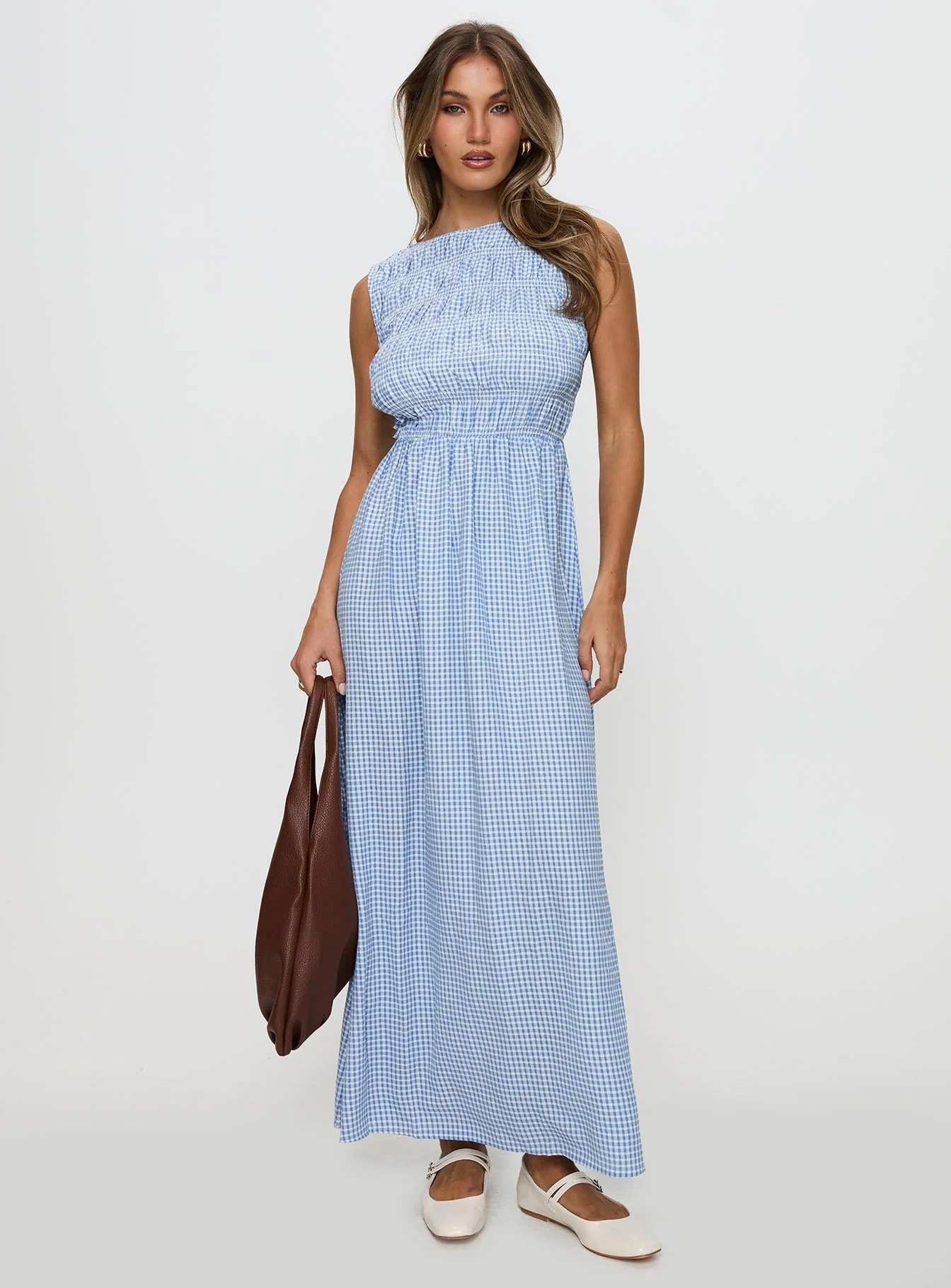Fables Shirred Maxi Dress Blue Gingham