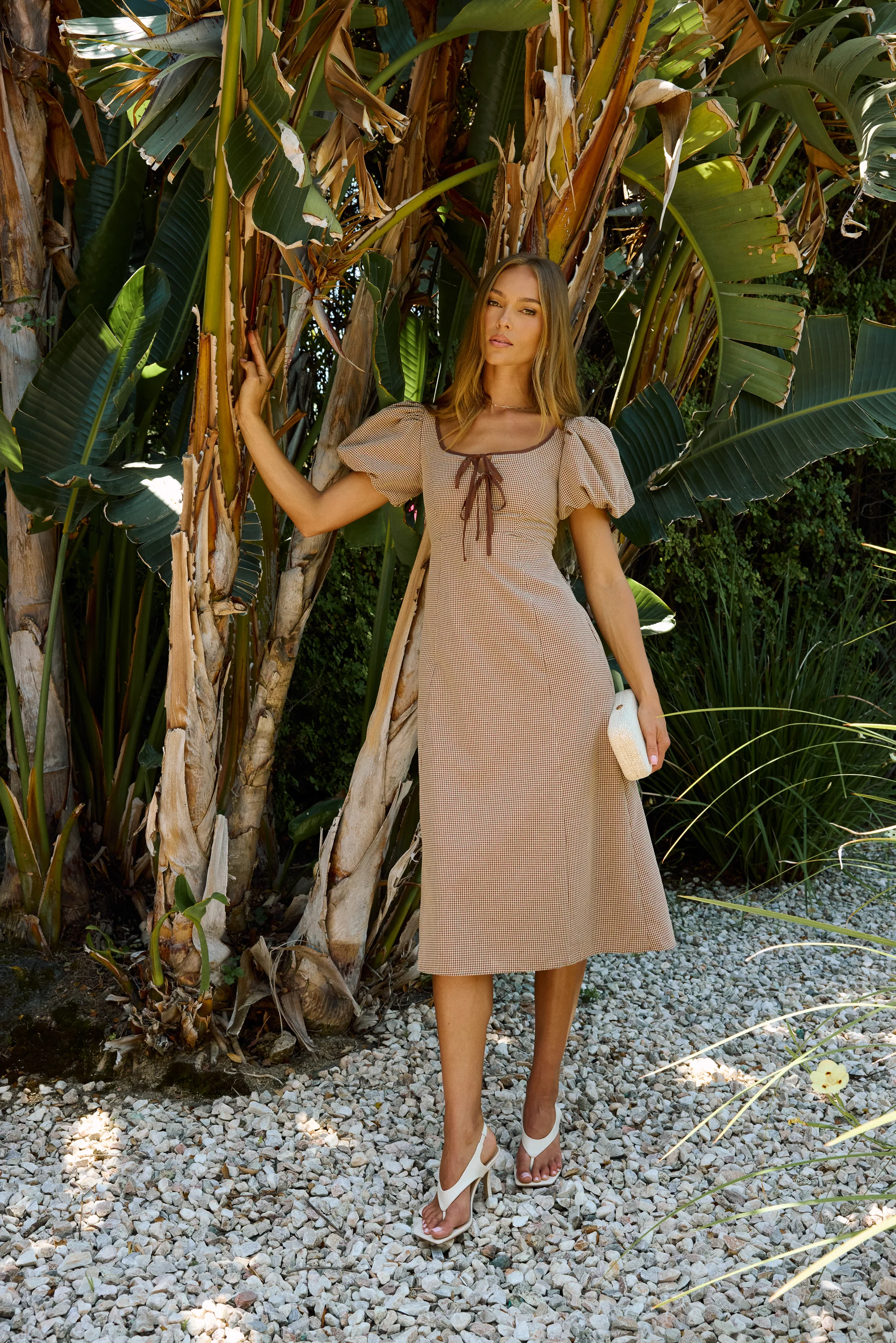 Elle Gingham Midi Dress in Tan