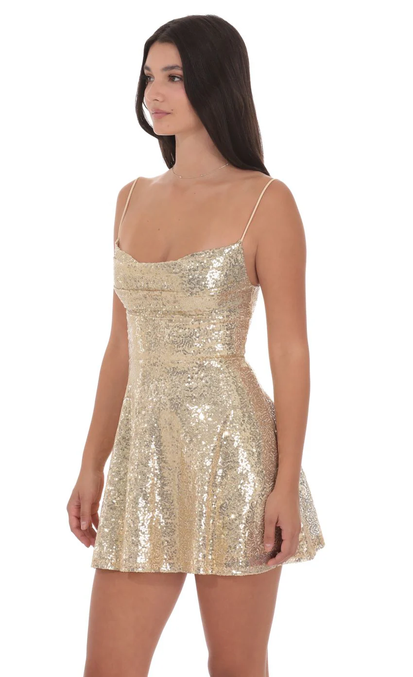 Sequin Cowl Neck Dress in Gold - luluinthesky