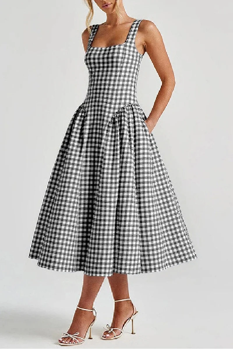 A-Line Tea Length Printed Cotton Wedding Guest Dress 1040459988093