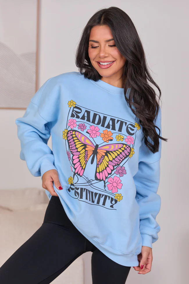 Radiate Positivity Light Blue Graphic Sweatshirt