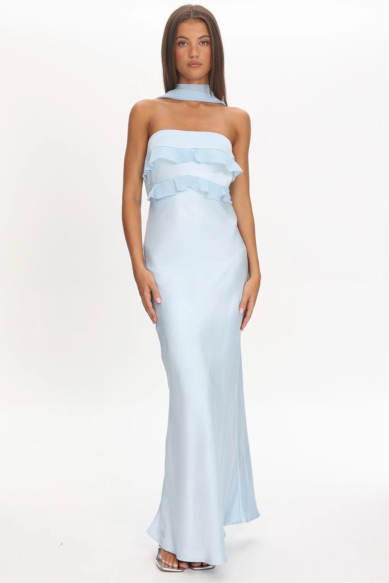 Damsel Reverse Halter Frill Trim Maxi Dress Baby Blue