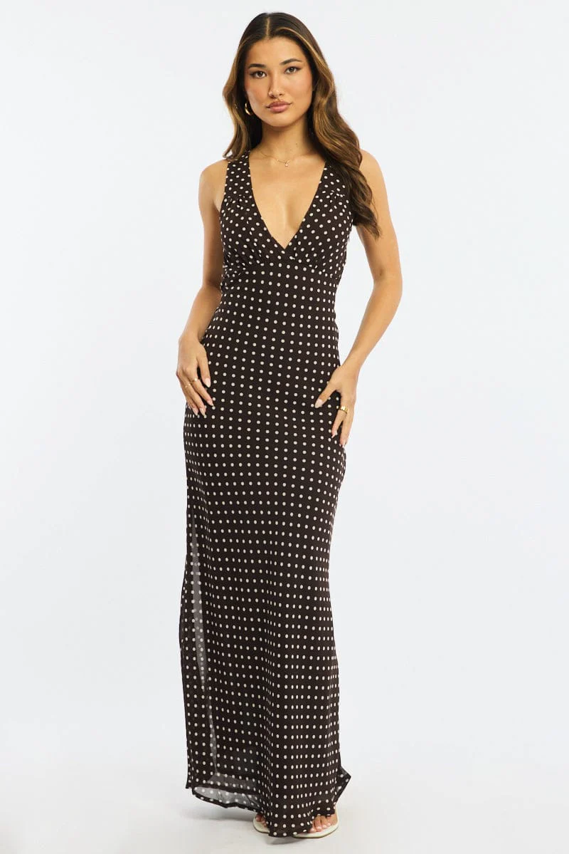 Brown Polka Dot Maxi Dress V-neck Chiffon