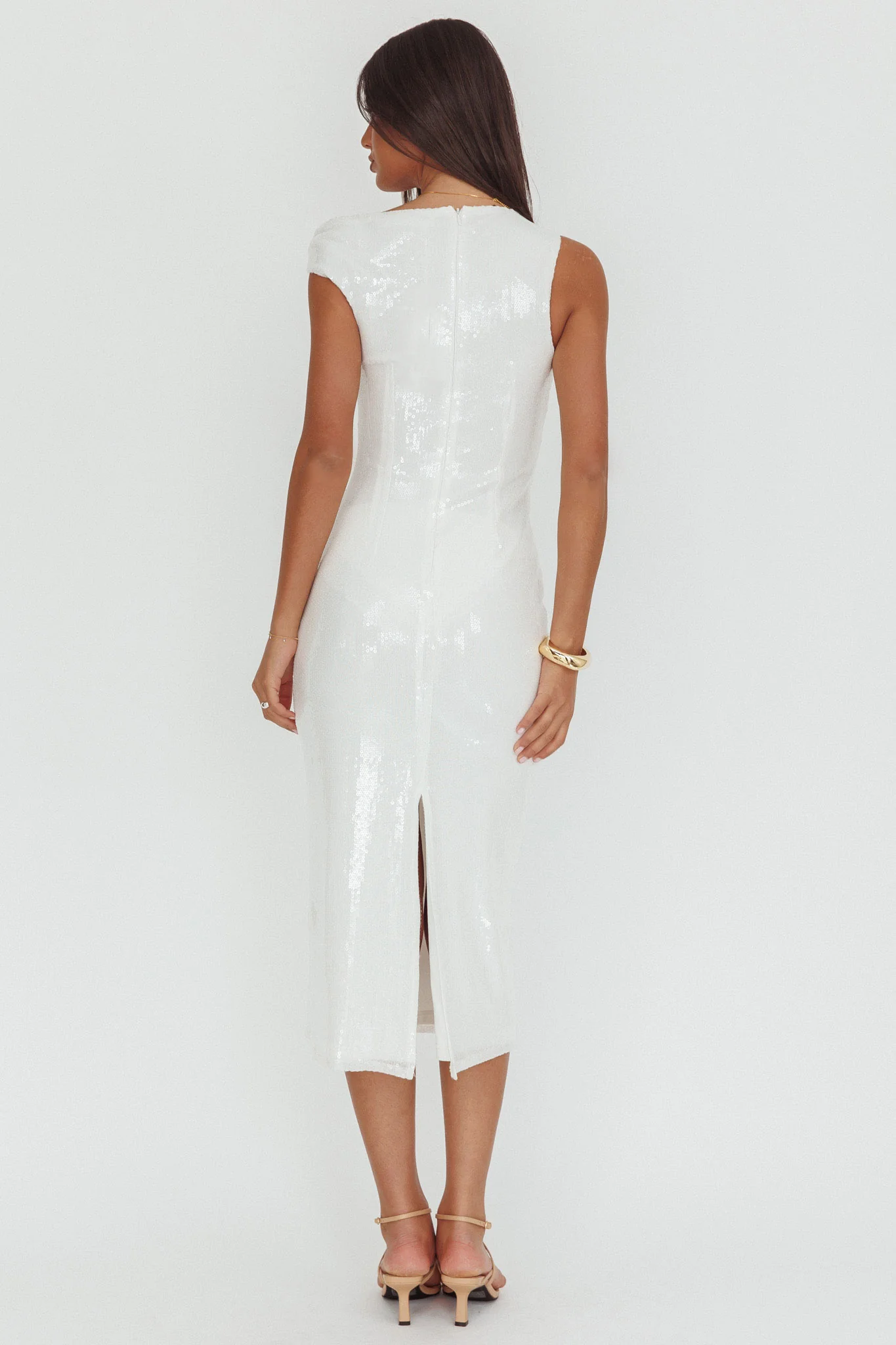 Country Club Asymmetric Neckline Midi Dress Sequin White