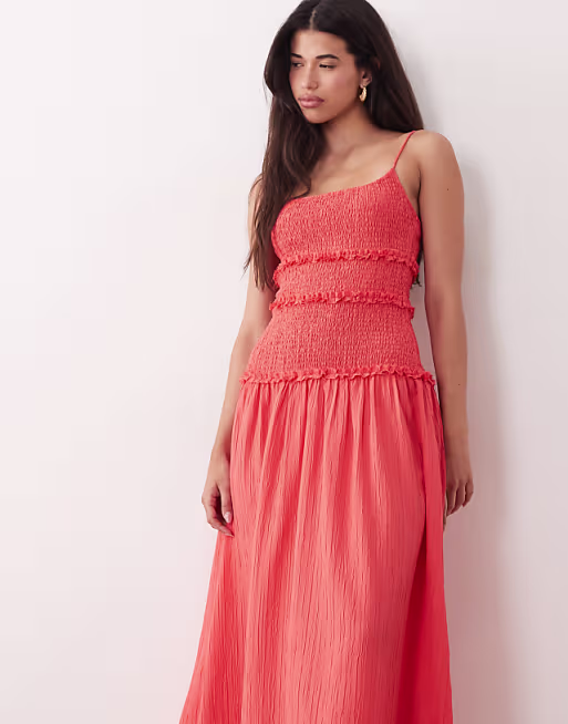 crinkle maxi sundress with shirred dropped waist in red