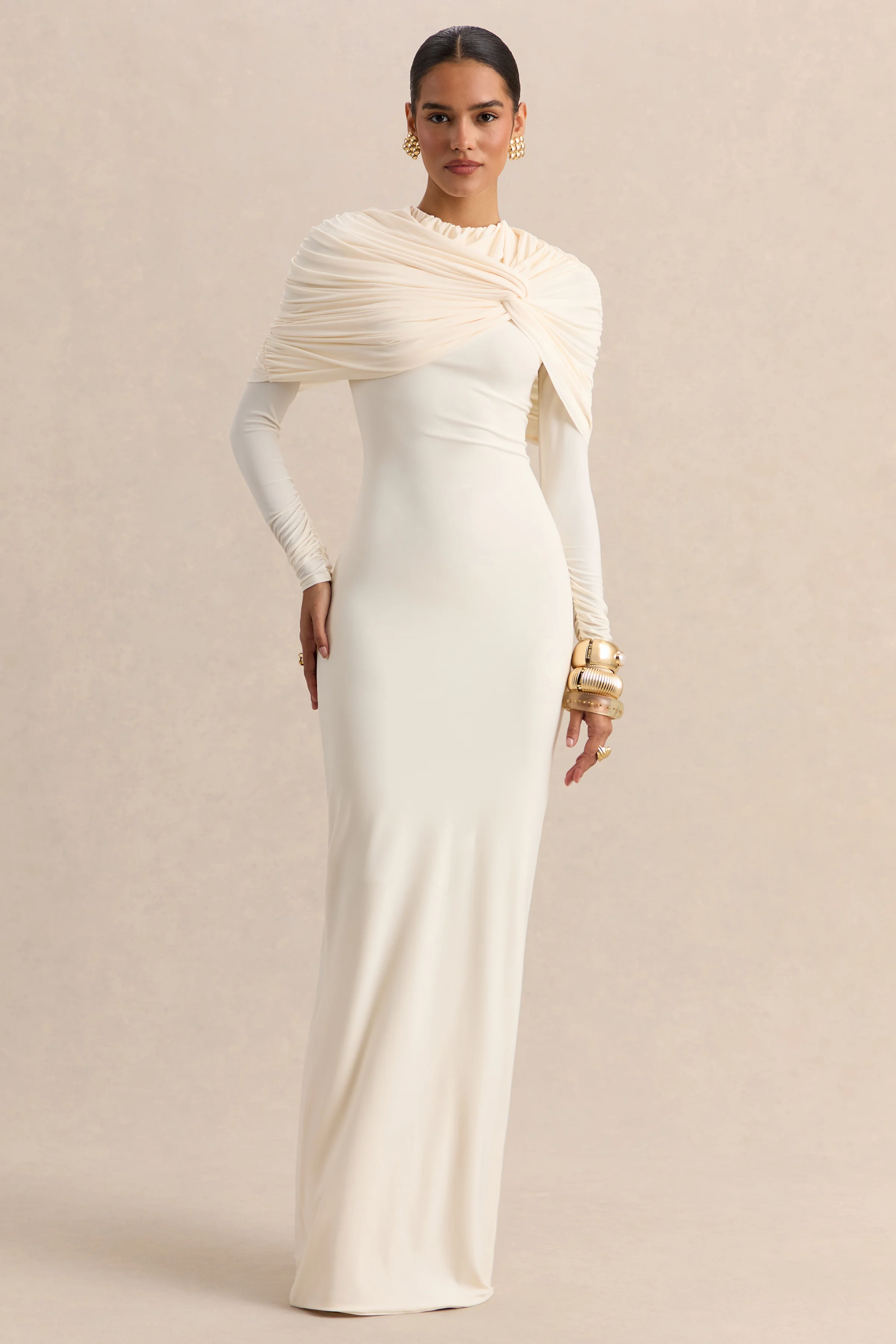 Evessa | Cream Crew-Neck Maxi Dress With Gathered-Detailing