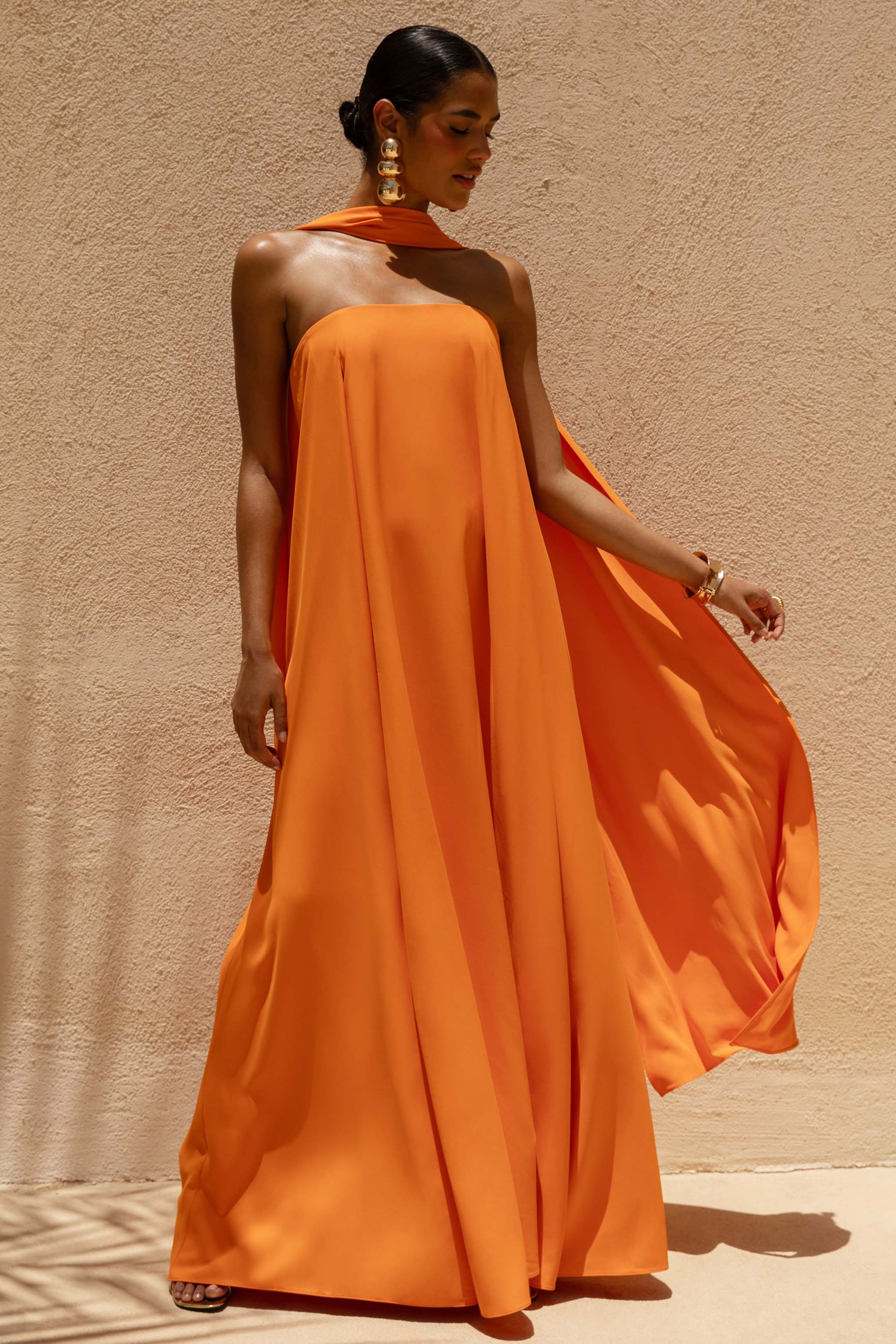 Cerise | Orange High-Neck Maxi Dress With Open-Back
