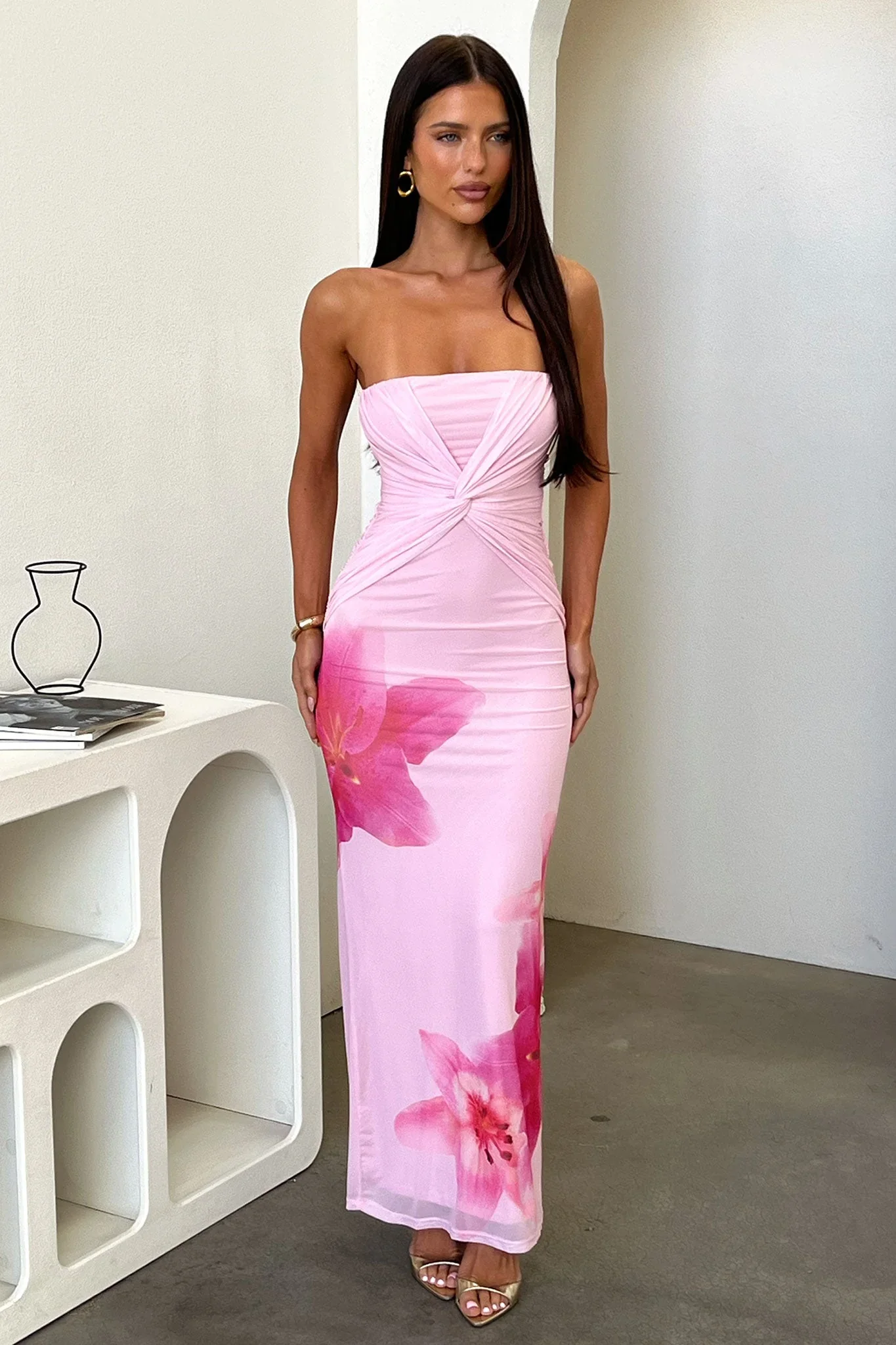 Lennen Strapless Mesh Maxi Dress - Pink