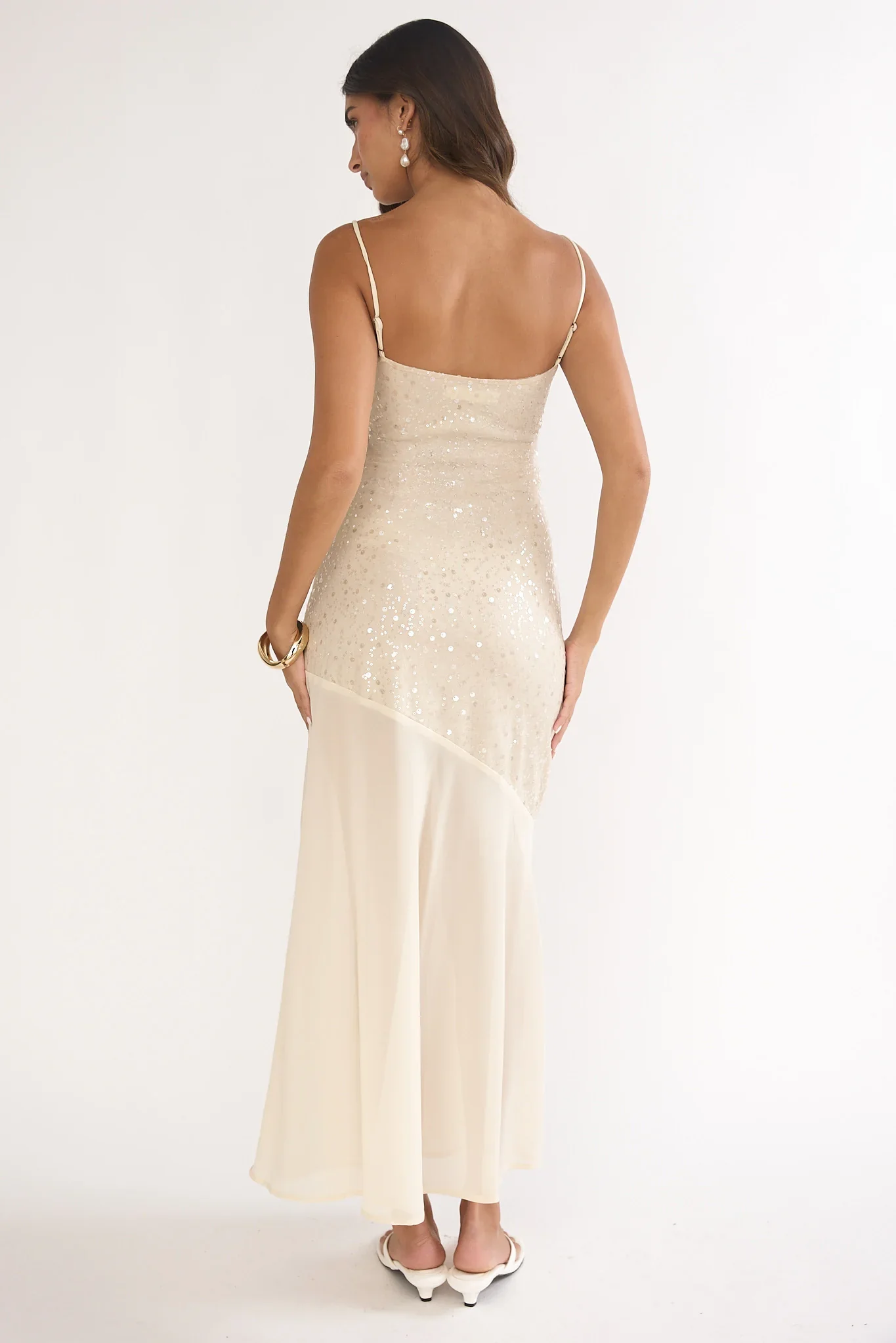 Gilded Dream Chiffon Hem Maxi Dress Sequin Oyster