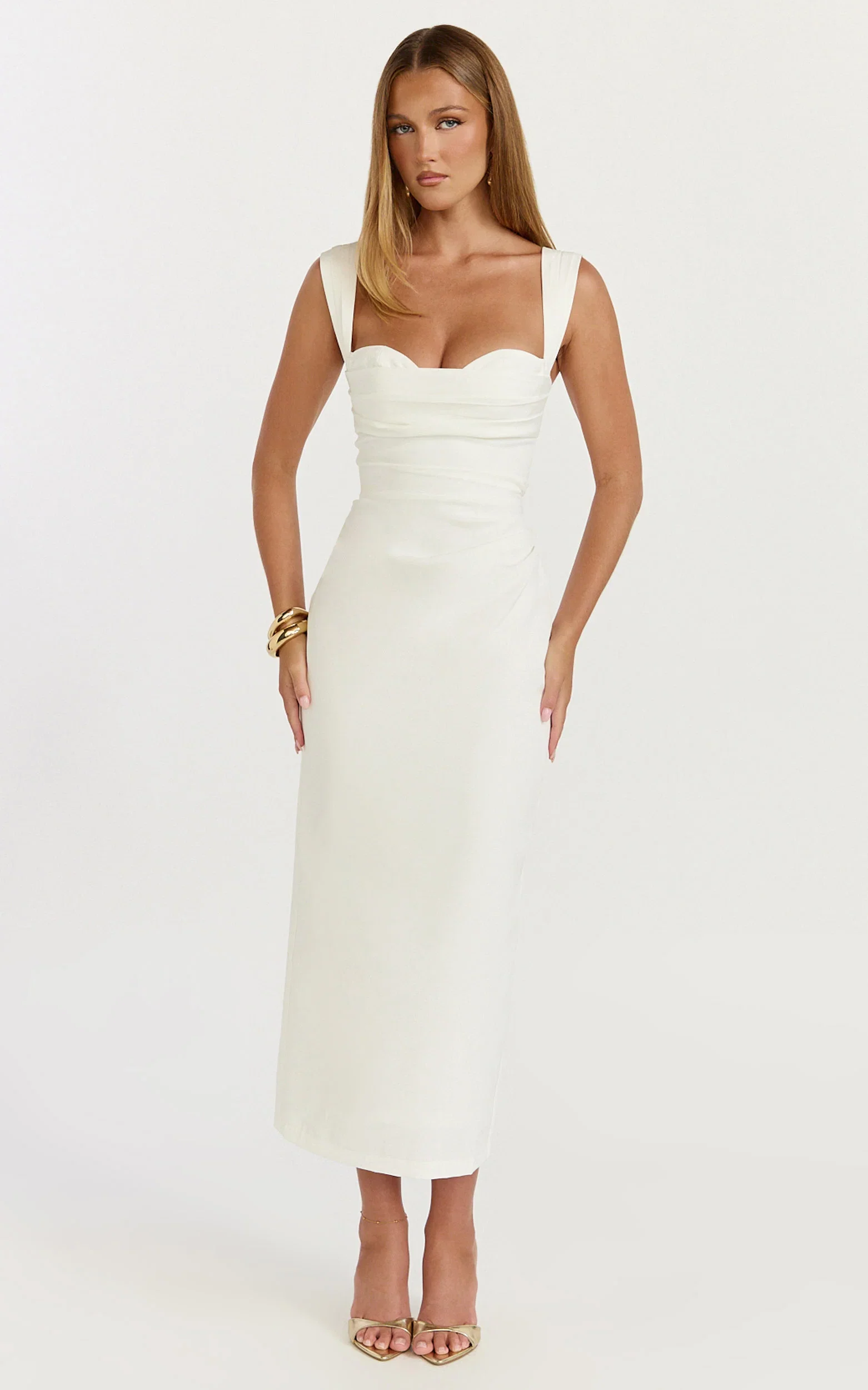 Kenna Midi Dress - Gathered Bust Tucked Waist Dress in Off White