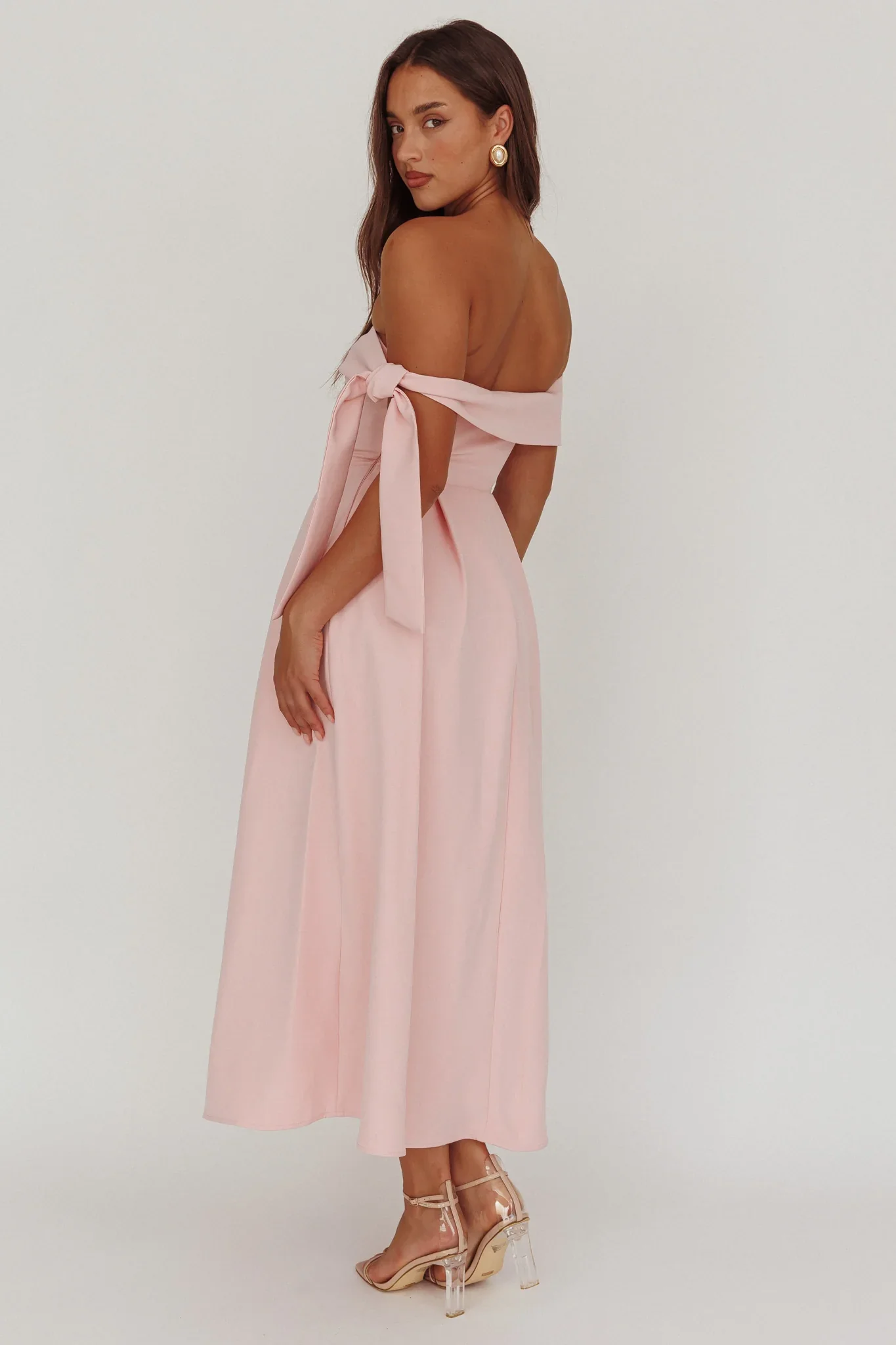Aurora Sky Off-Shoulder Box Pleat Midi Dress Pink