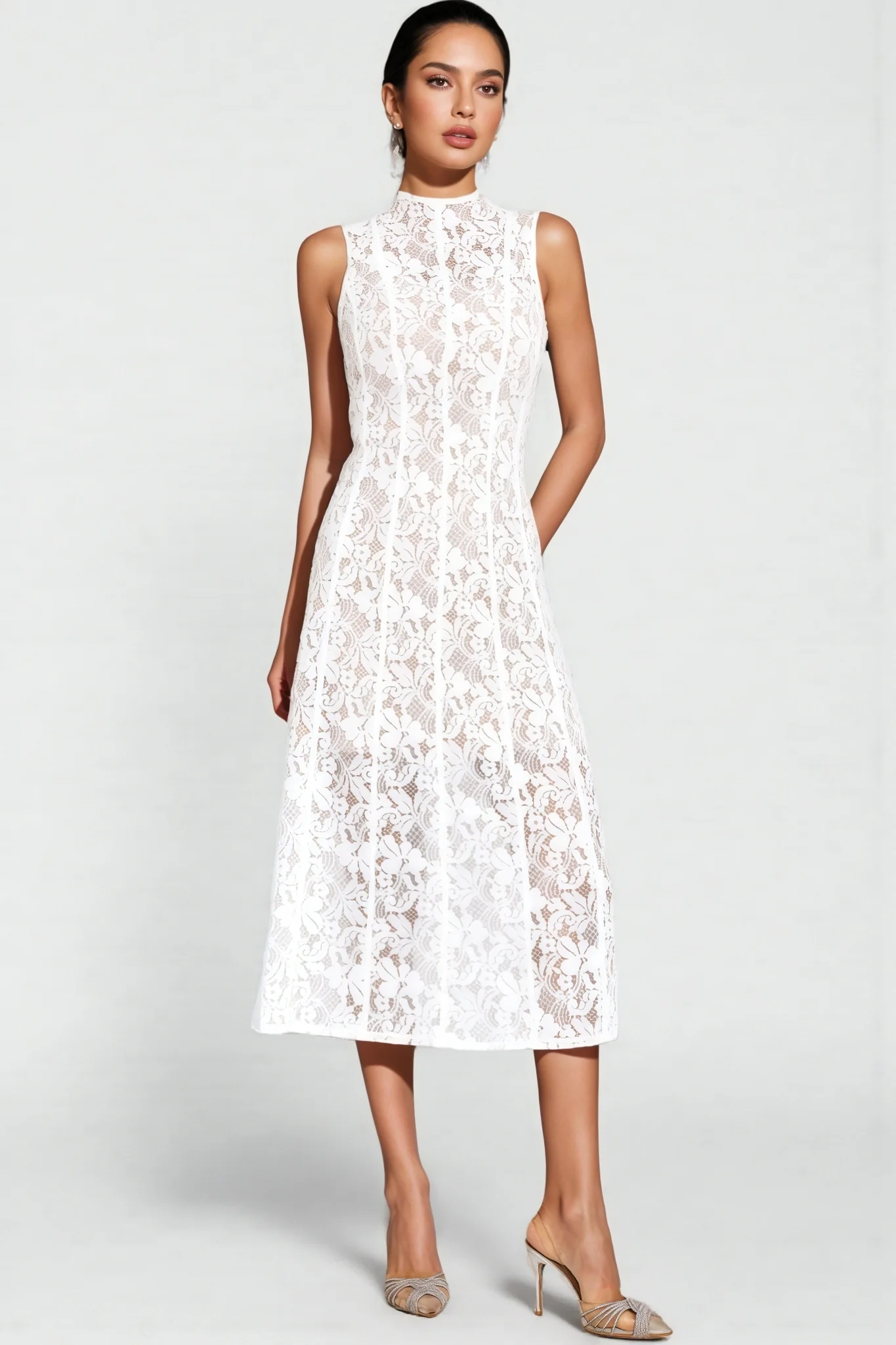 Thoref White Cut Out Sleeveless Midi Dress