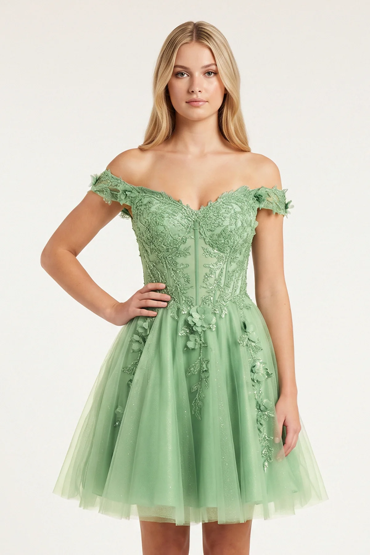 Green Off-the-Shoulder Beaded Appliques A-Line Homecoming Dress