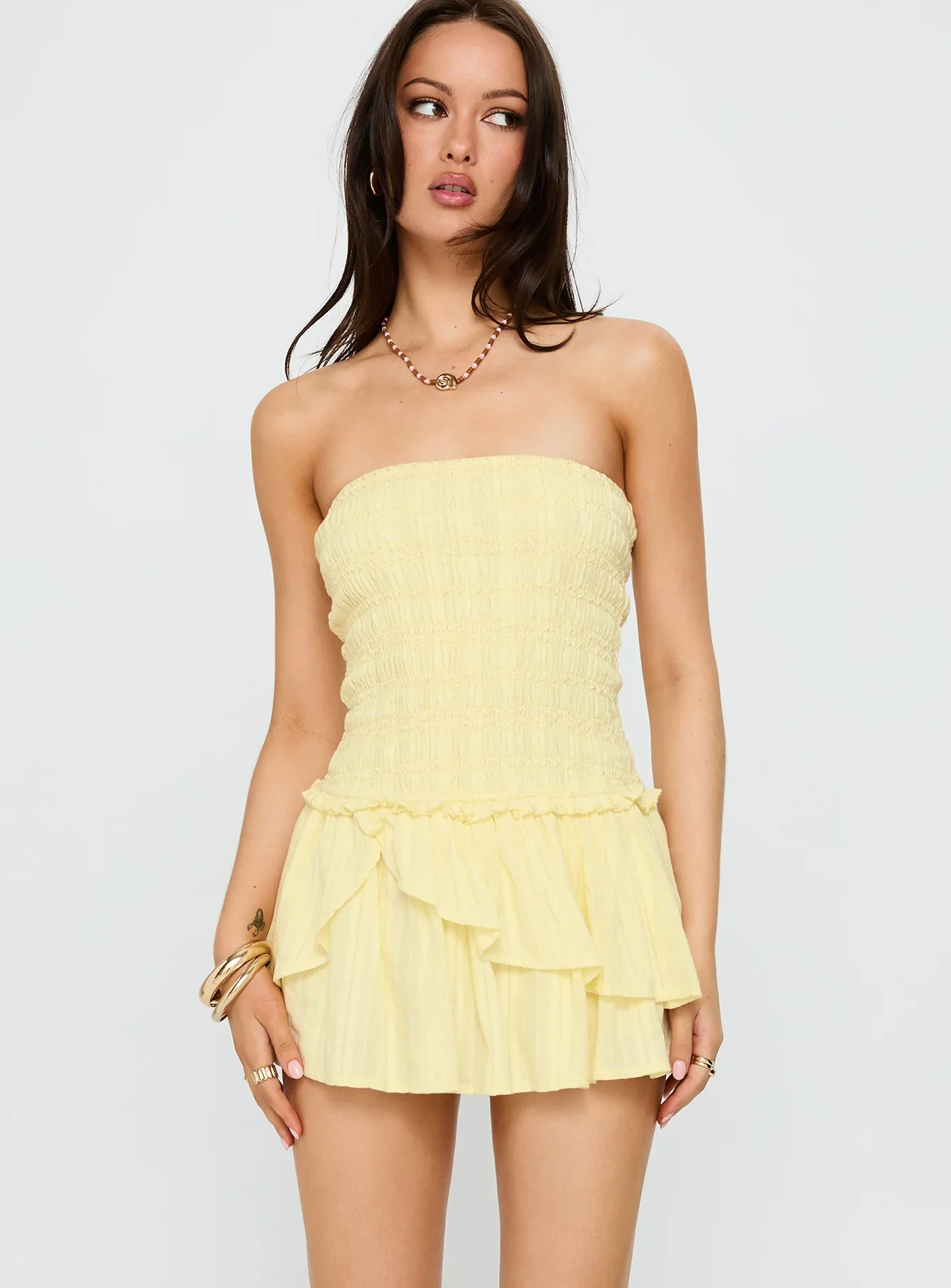 Ayanni Shirred Strapless Mini Playsuit Yellow