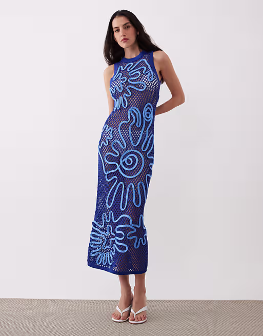 open stitch cornelli pattern maxi dress in blue