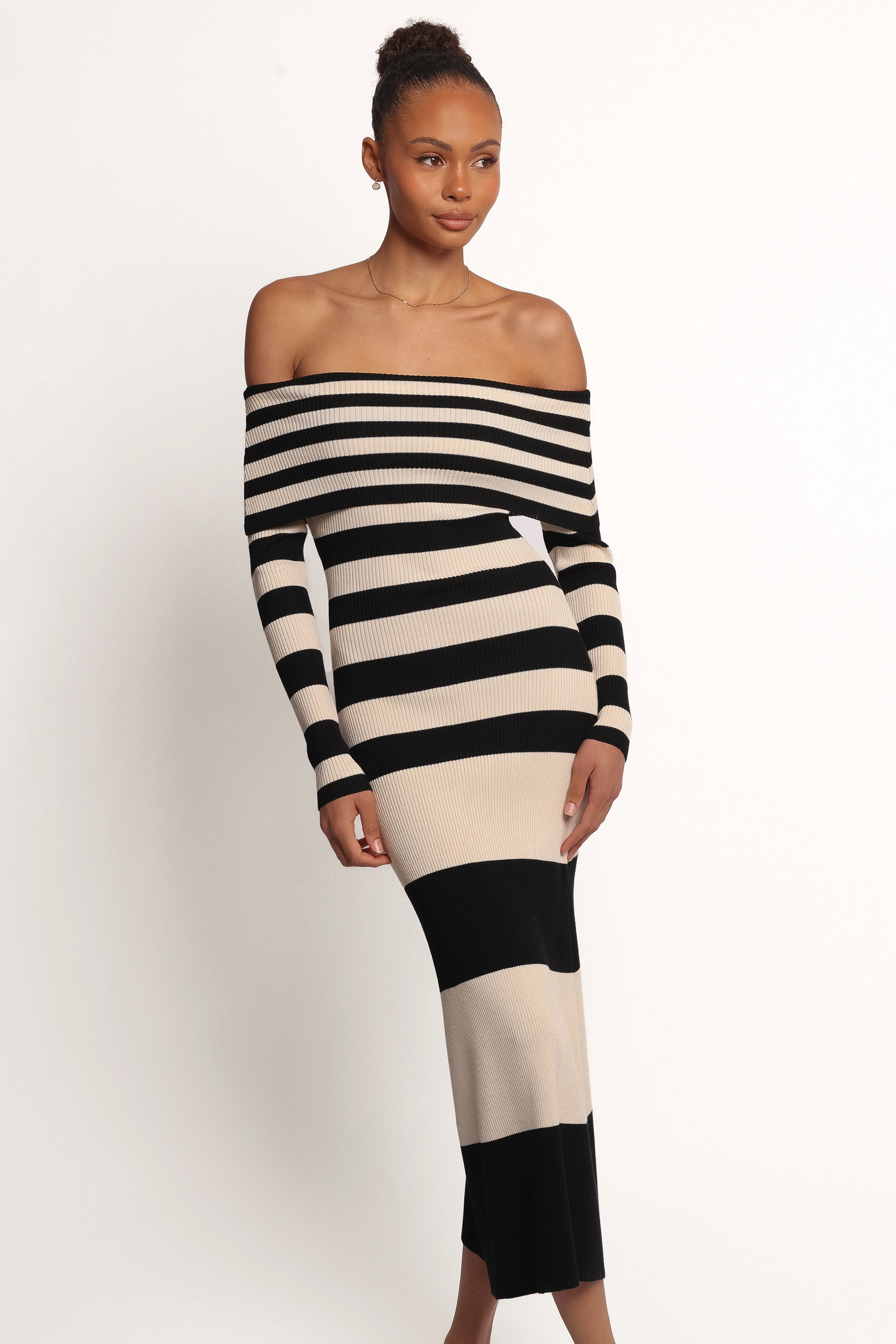Banks Off Shoulder Knit Dress - Black Cream Stripe