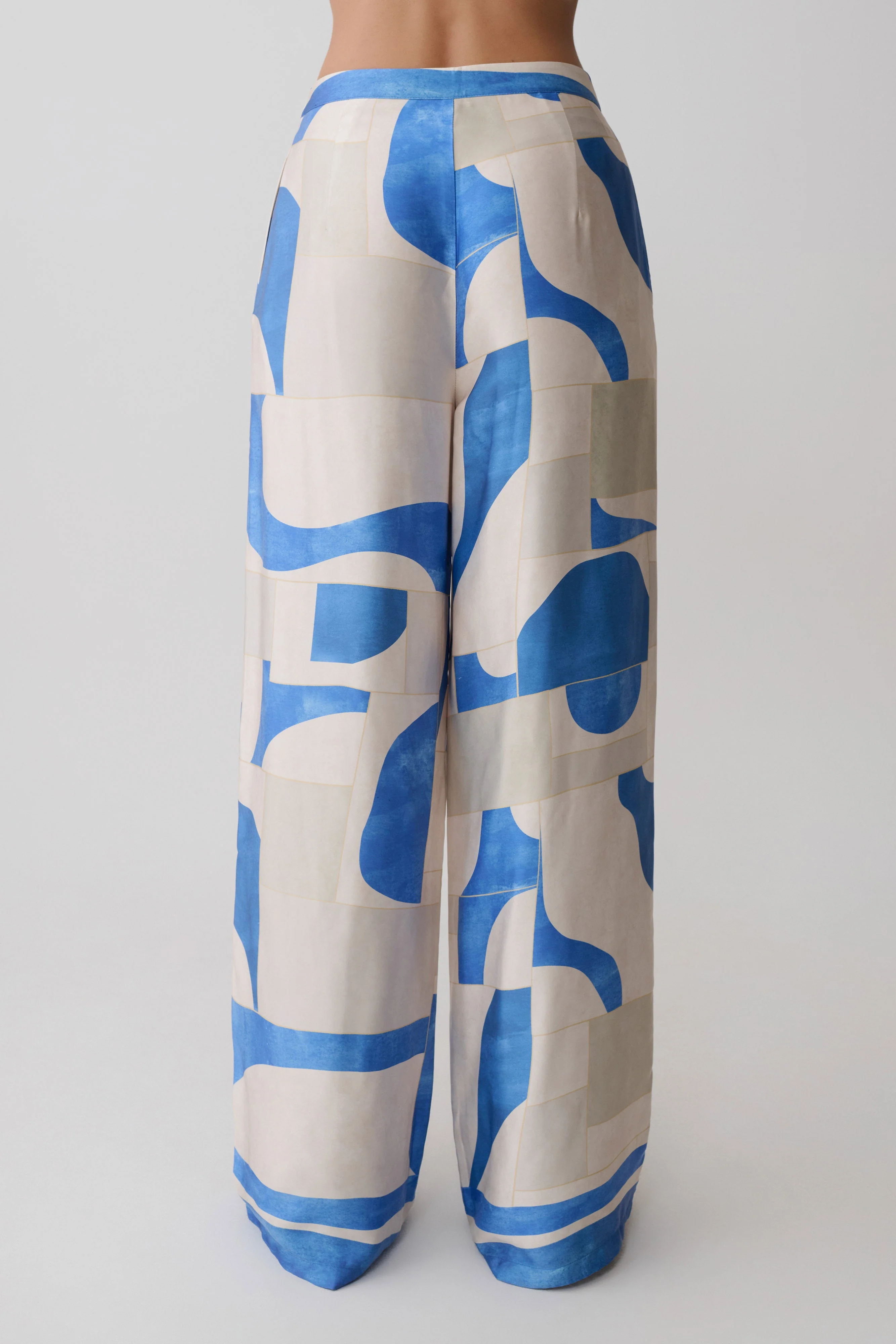 Rachel Satin Straight Leg Pants - Blue Geo Tile Print