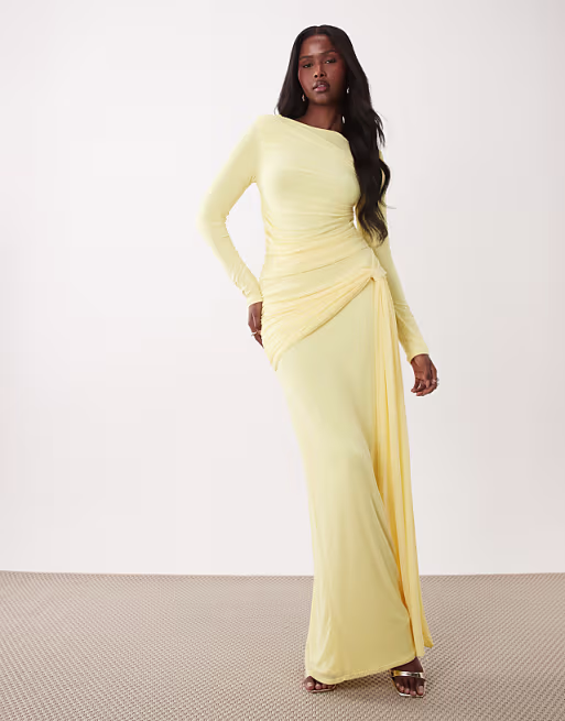 mesh long sleeve maxi dress in lemon