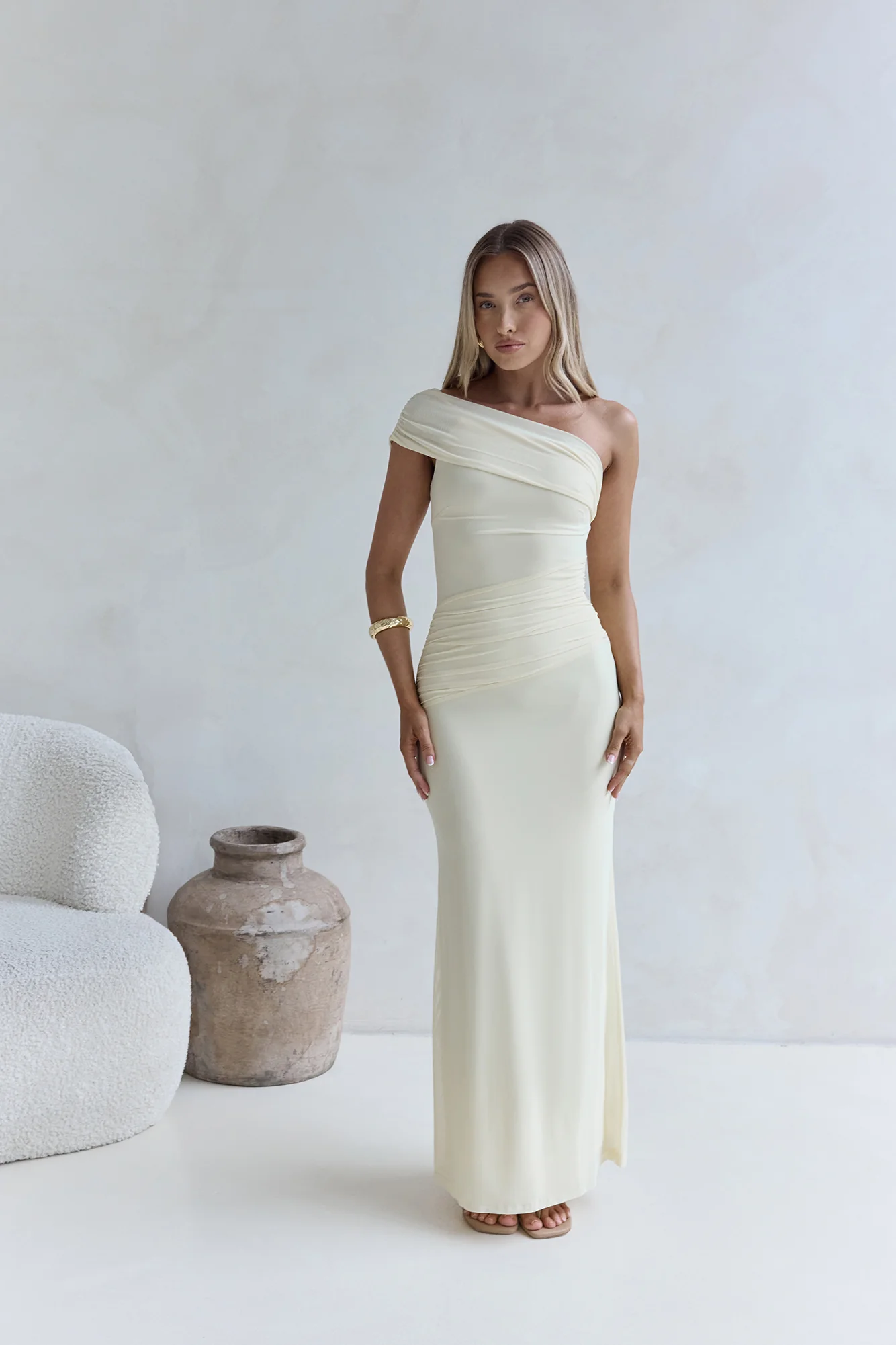 Kiss The Moon One Shoulder Mesh Maxi Dress Lemon