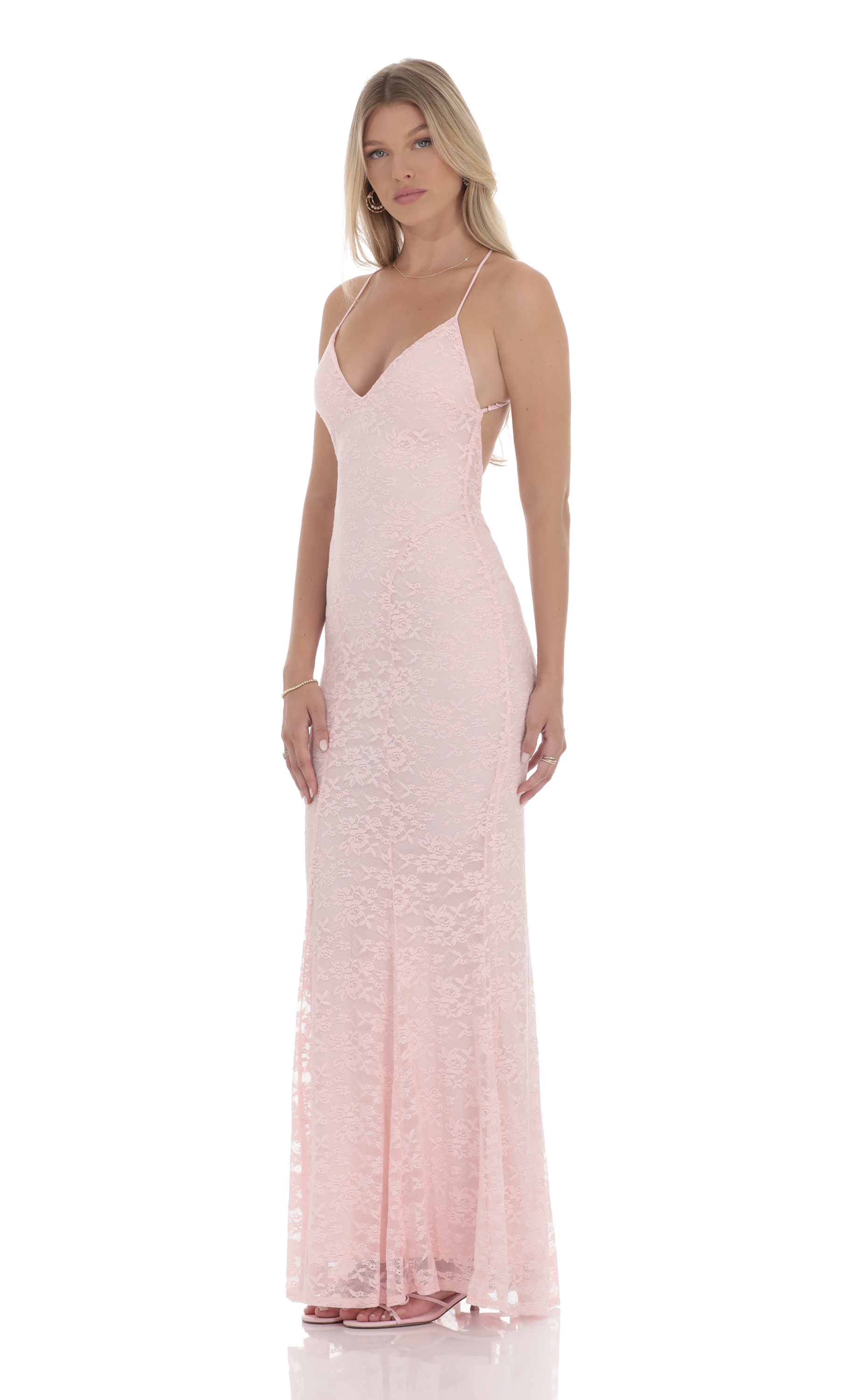 Lace V-Neck Mermaid Dress in Pink - luluinthesky