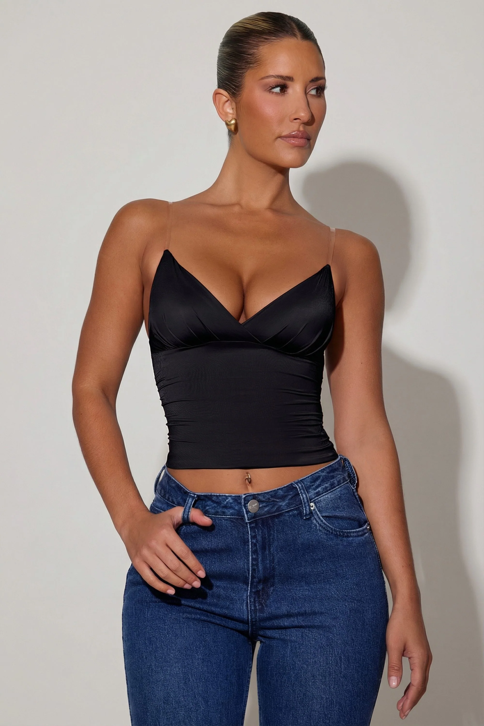 Ruched Plunge-Neck Camisole Top in Black