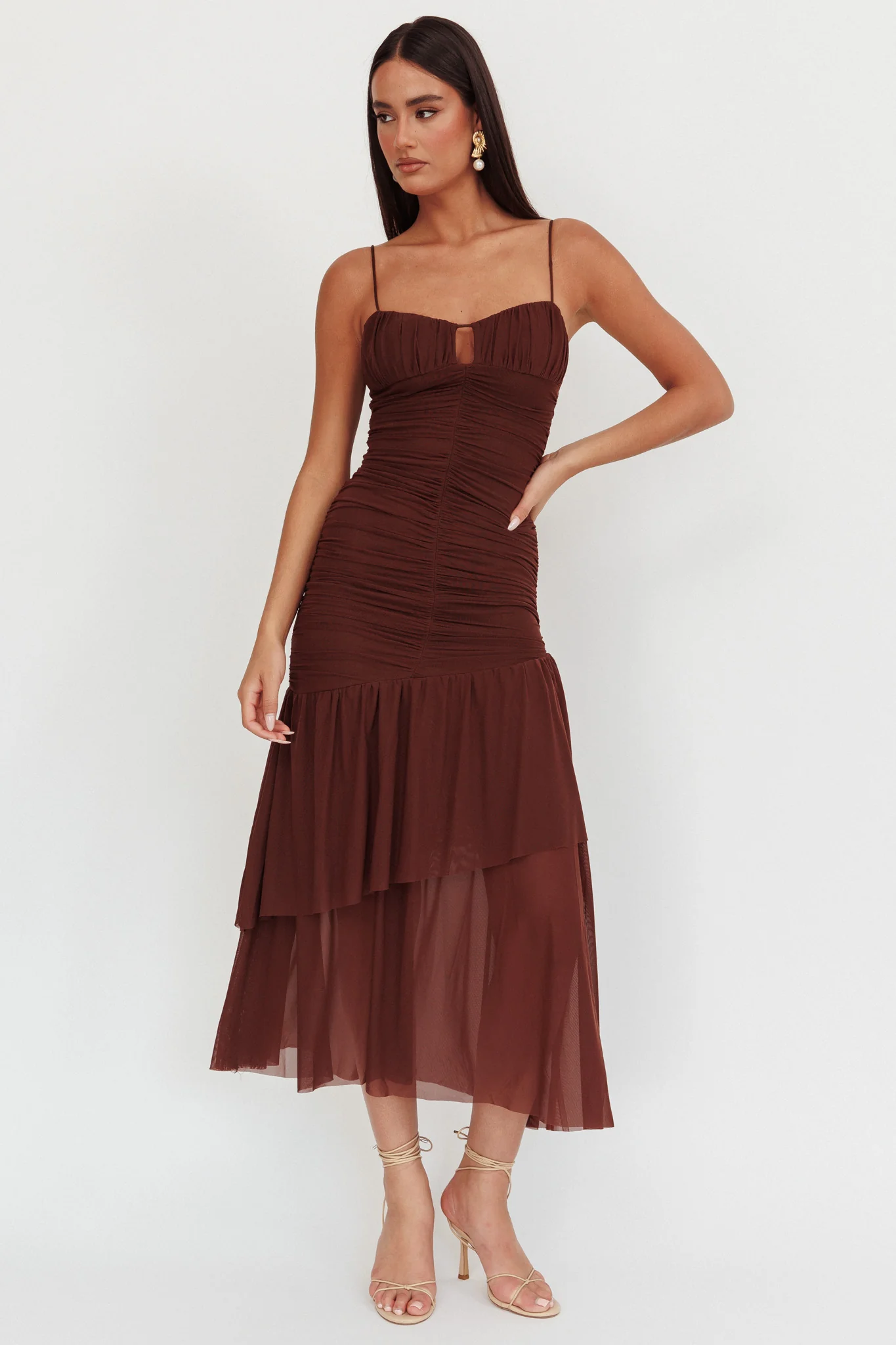 Kailua Ruched Tiered Hem Maxi Dress Chocolate