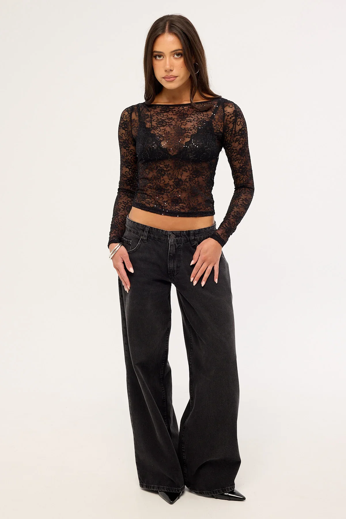 Luck & Trouble Mia Sequin Lace Long Sleeve Top Black