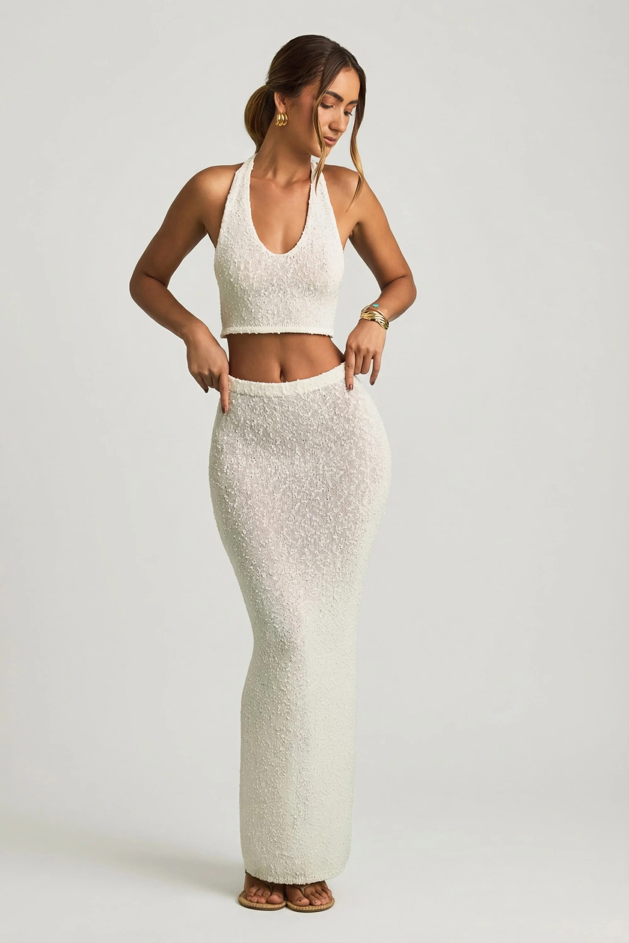Bouclé Mid-Rise Maxi Skirt in White