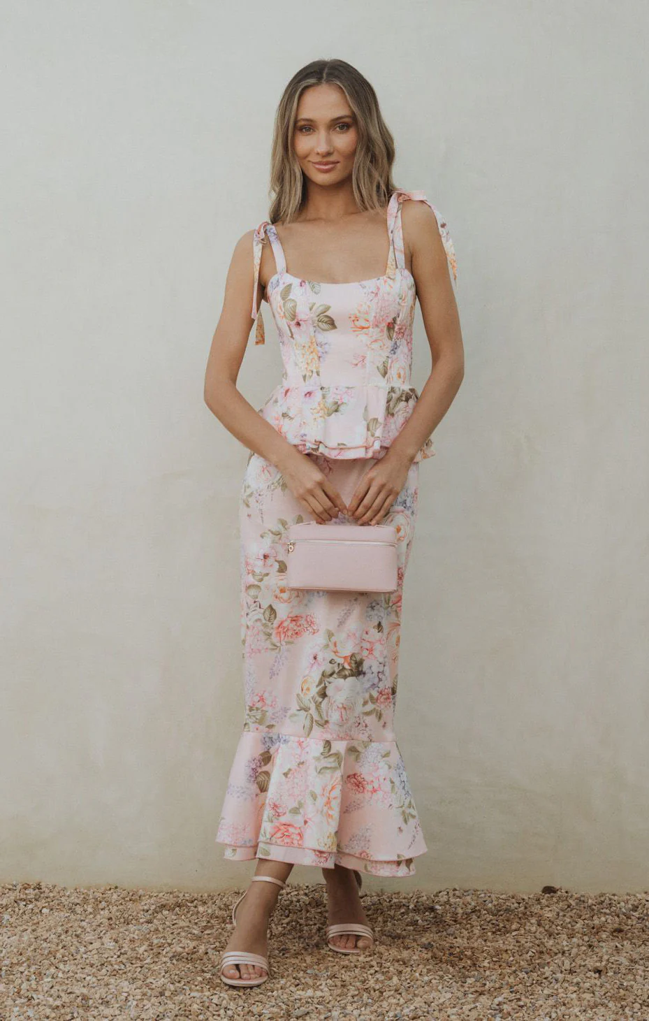 Pauline Peplum Dress ~ Powder Pink Blooms Taffeta