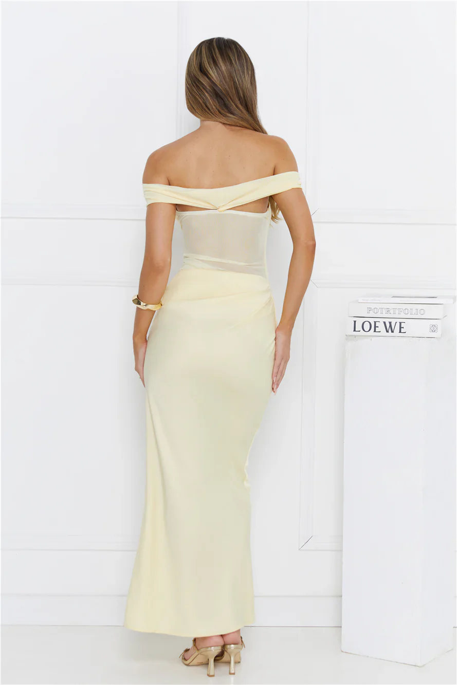 Silent Dreams Mesh Satin Off Shoulder Maxi Dress Yellow - luluinthesky