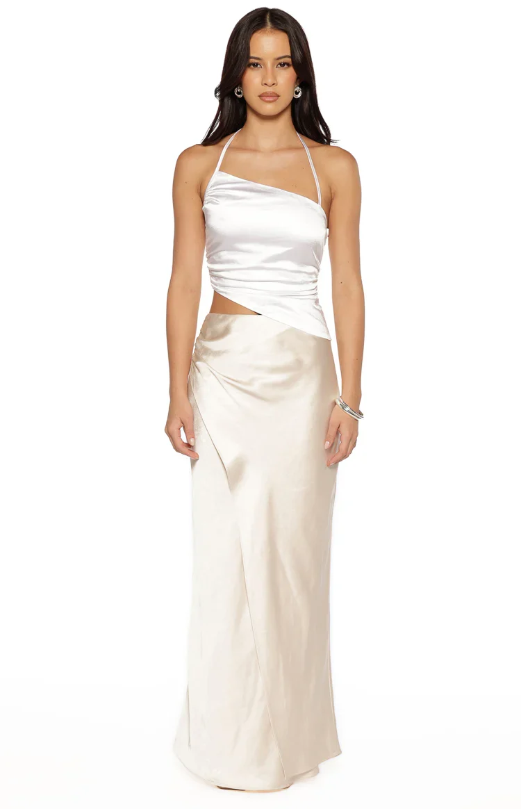 Gracie White Contrast Satin Maxi Dress