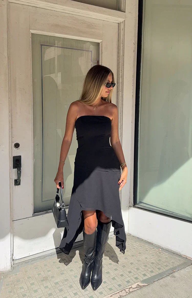 Jannah Black Strapless Hanky Hem Midi Dress