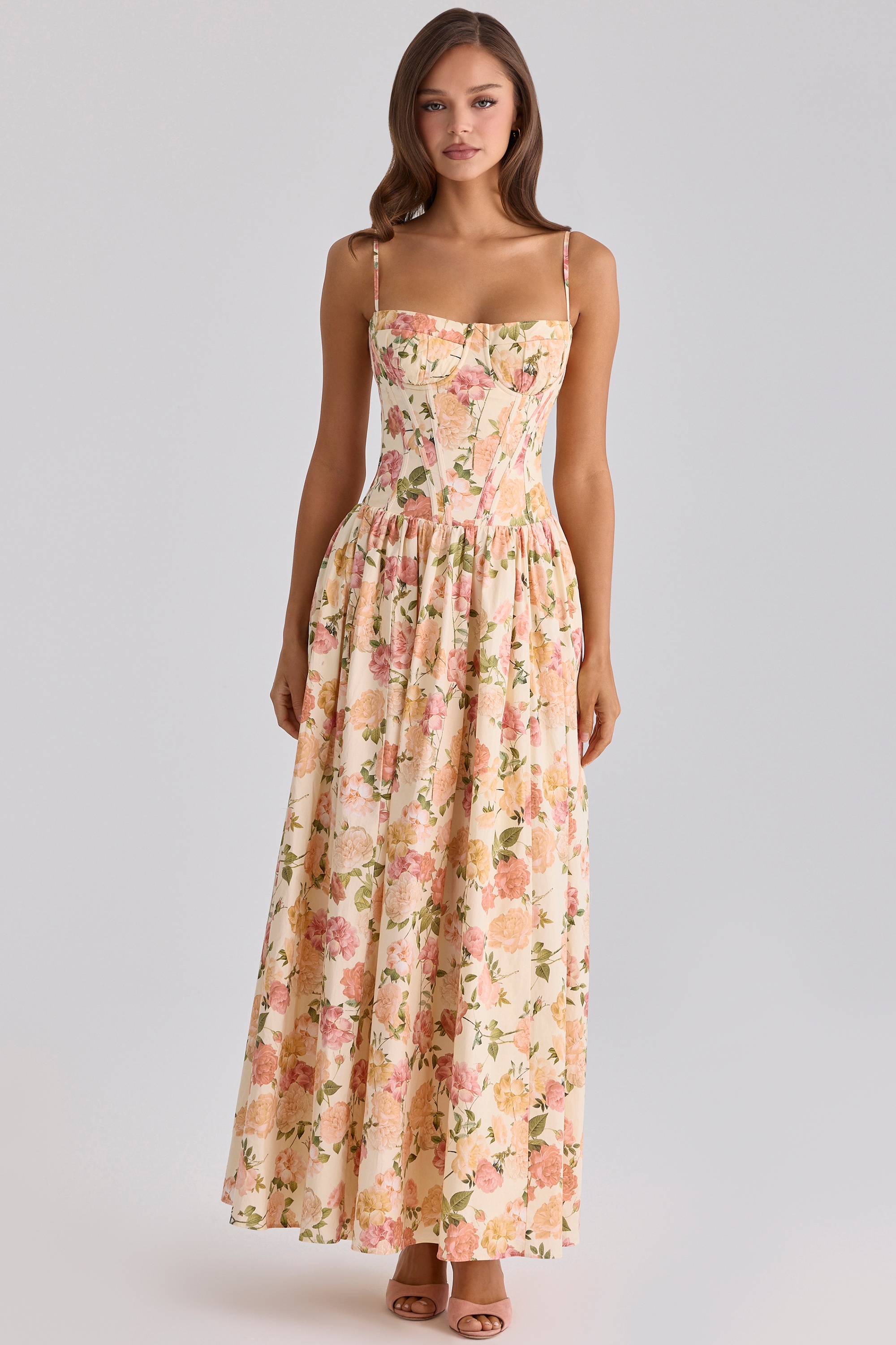 Warm Rose Print Cotton Maxi Dress