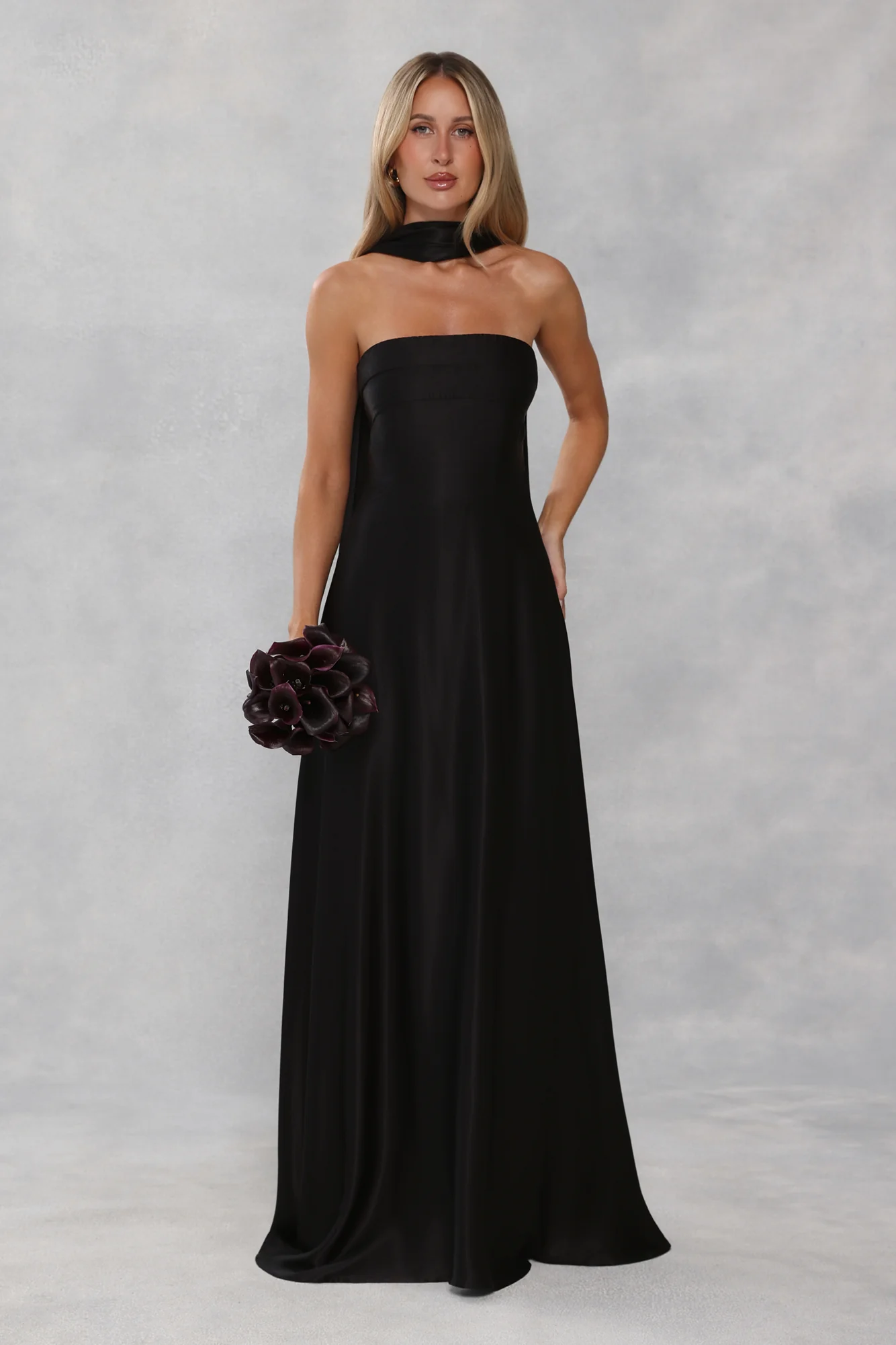 The Serina Strapless Satin Maxi Dress Black