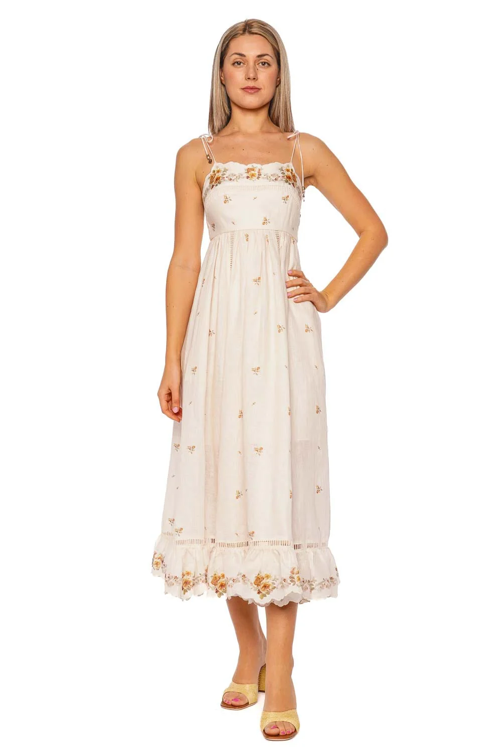 ZIMMERMANN Patience Embroidered Tie Shoulder Cami Midi Dress
